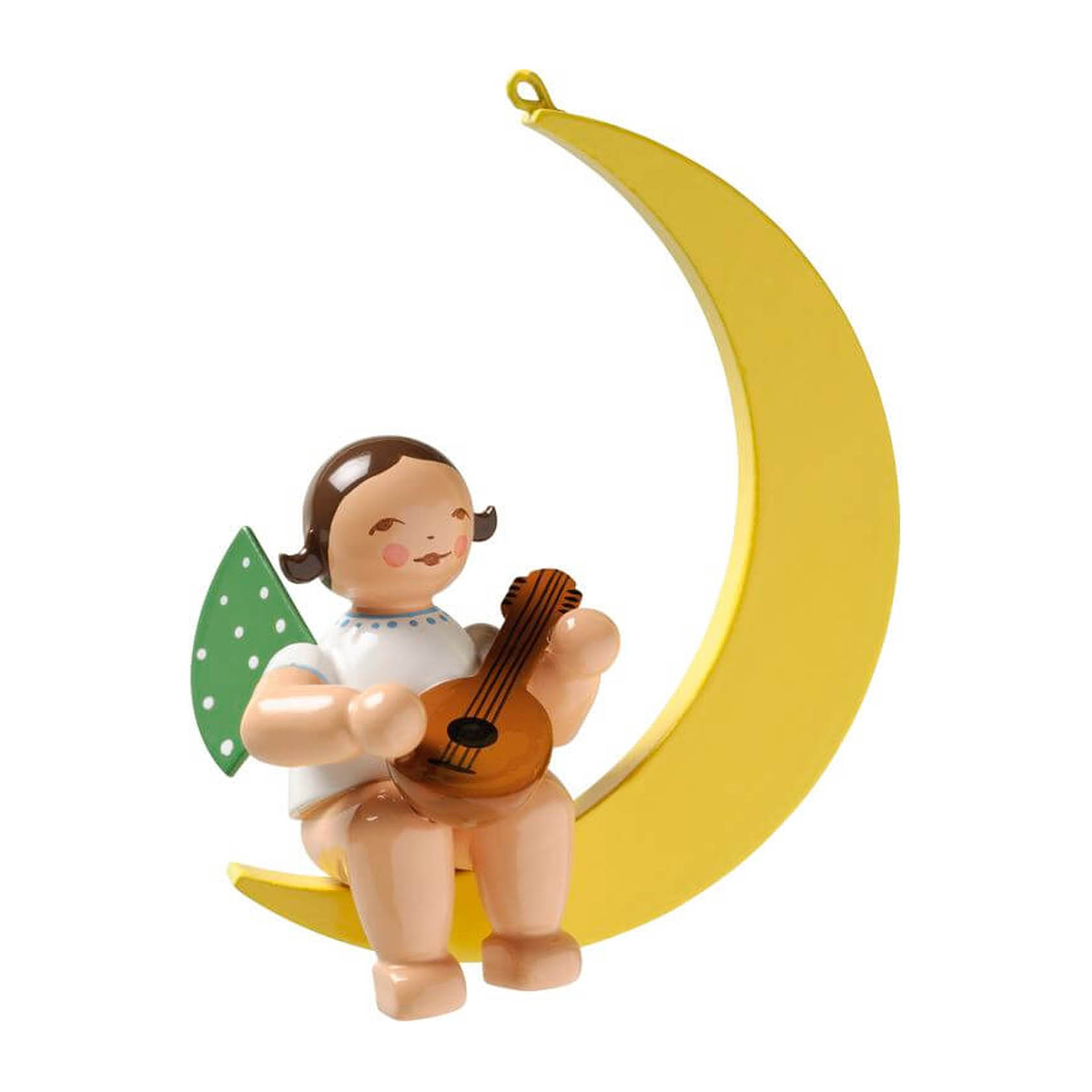 Eine Engelsfigur sitzt auf einer gelben Mondsichel und spielt eine Mandoline. Der Engel hat grüne Flügel mit weißen Punkten und trägt ein weißes Hemd. im Dregeno Online Shop günstig kaufen