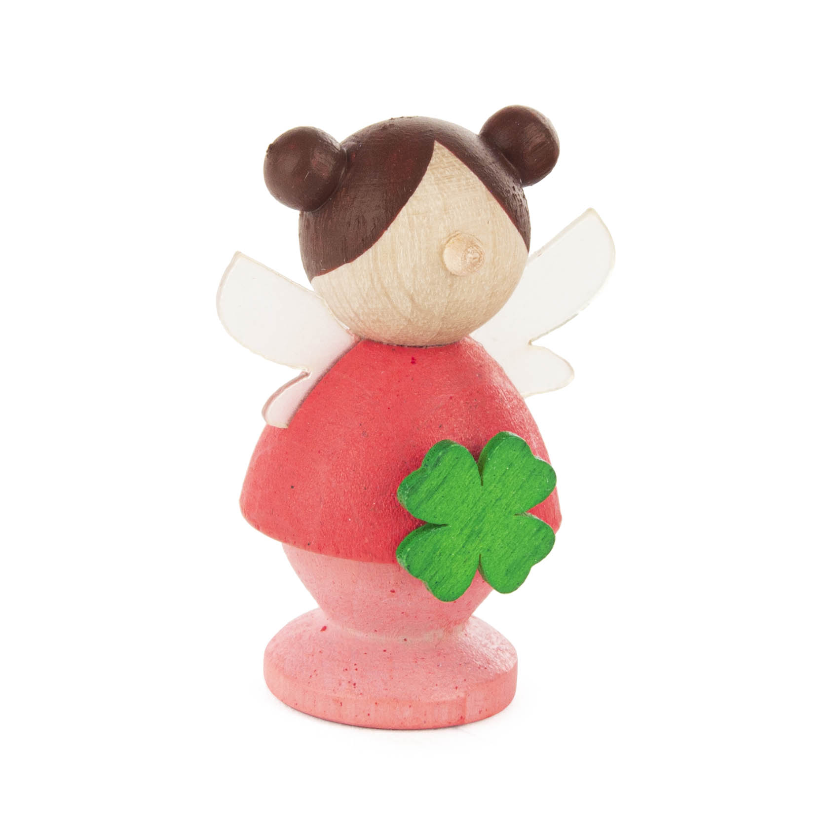 Holzfigur einer Fee mit rosa Kleid und Flügeln, die einen grünen Glücksklee hält. im Dregeno Online Shop günstig kaufen