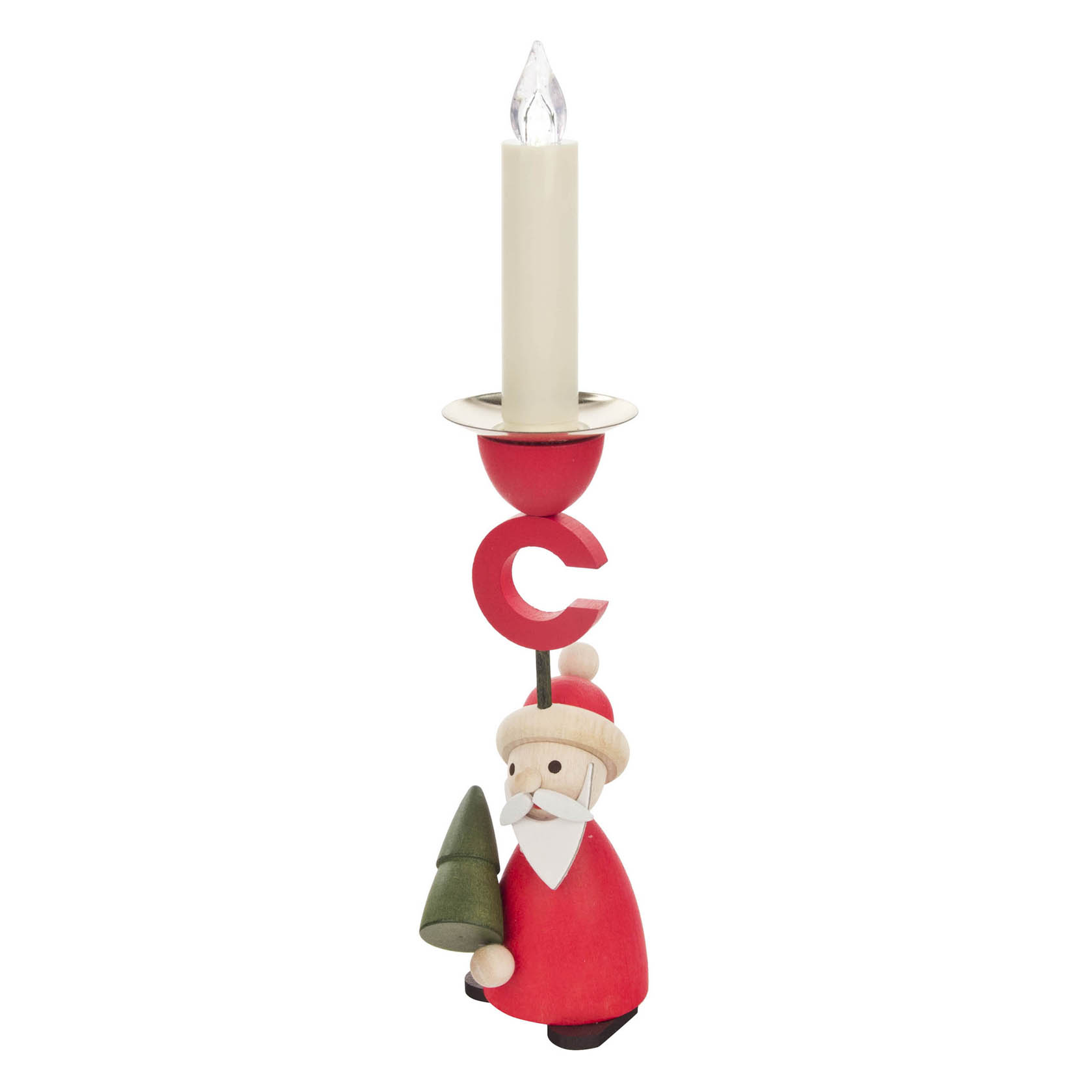 A wooden candle holder featuring a traditional Santa Claus figure holding a green tree. The holder has a space for a 14mm candle and is painted in red, white, and green.