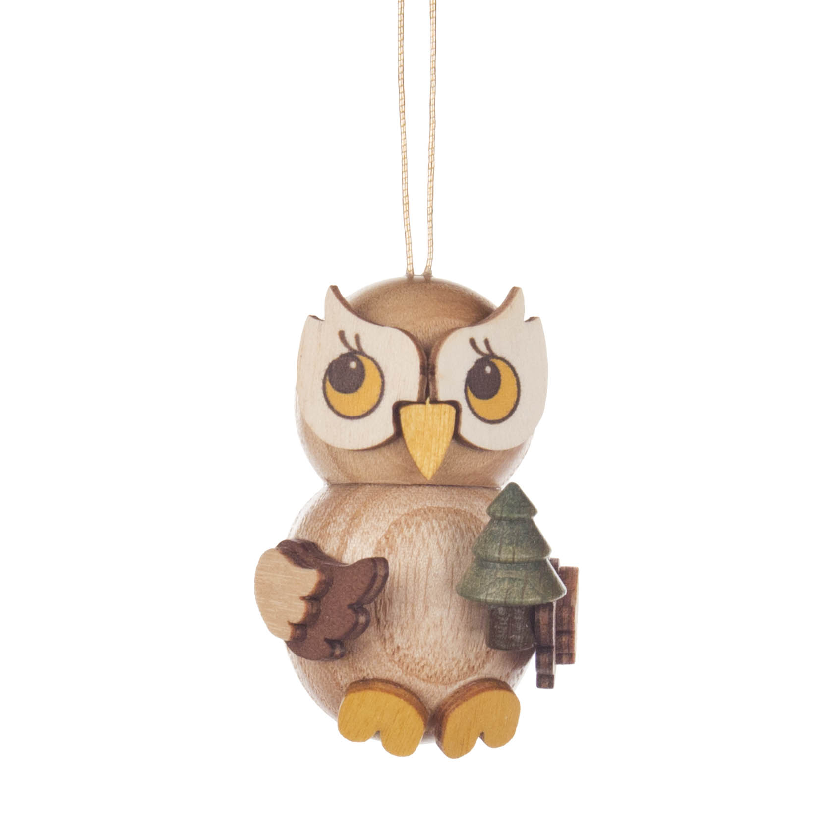 Holzfigur einer Eule mit großen Augen. Sie hält einen kleinen Tannenbaum und hat eine Schnur zum Aufhängen. im Dregeno Online Shop günstig kaufen
