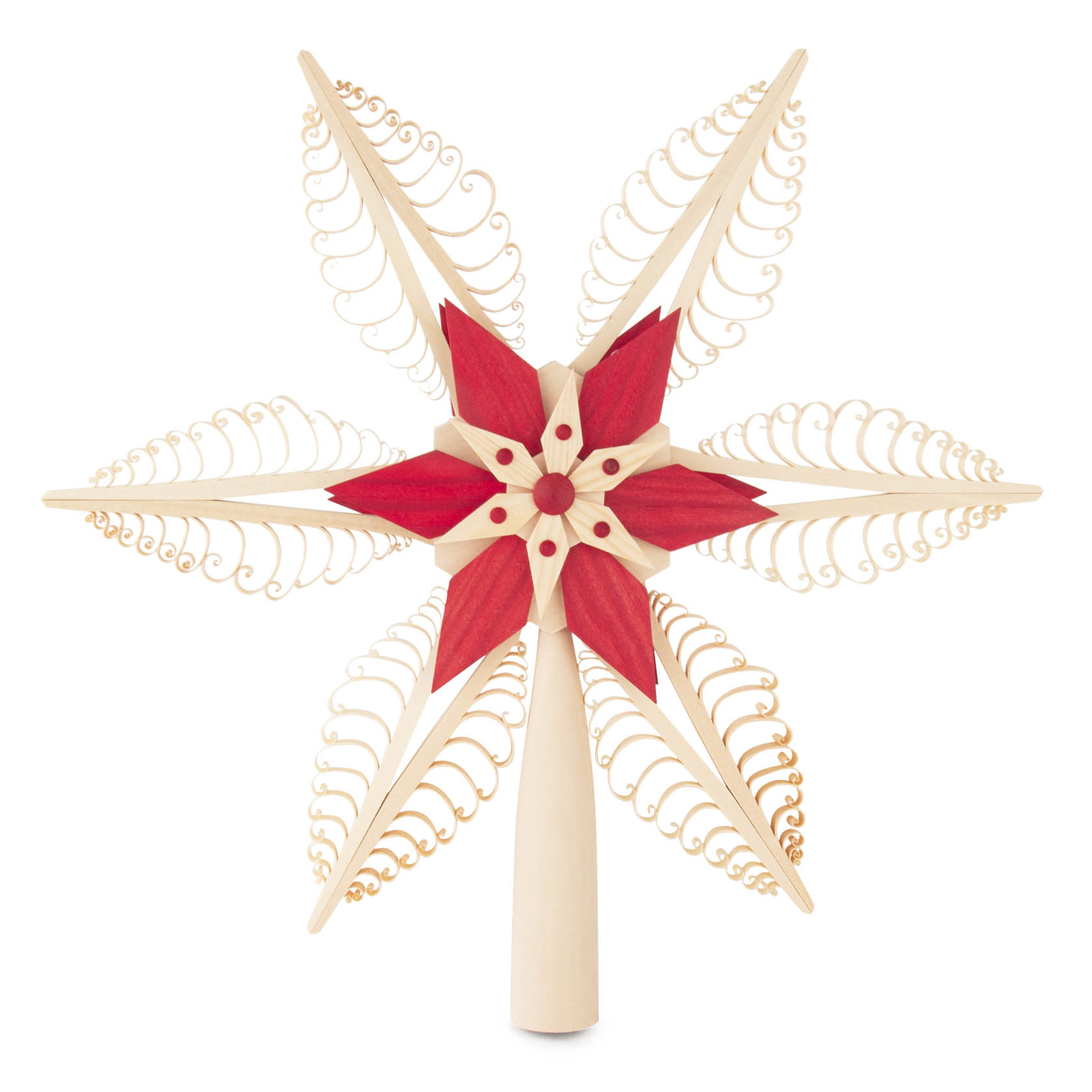 Christbaumspitze in Form eines Spansterns mit roten und naturfarbenen Holzelementen, ausgestattet mit elektrischer Beleuchtung, Durchmesser 32 cm. im Dregeno Online Shop günstig kaufen