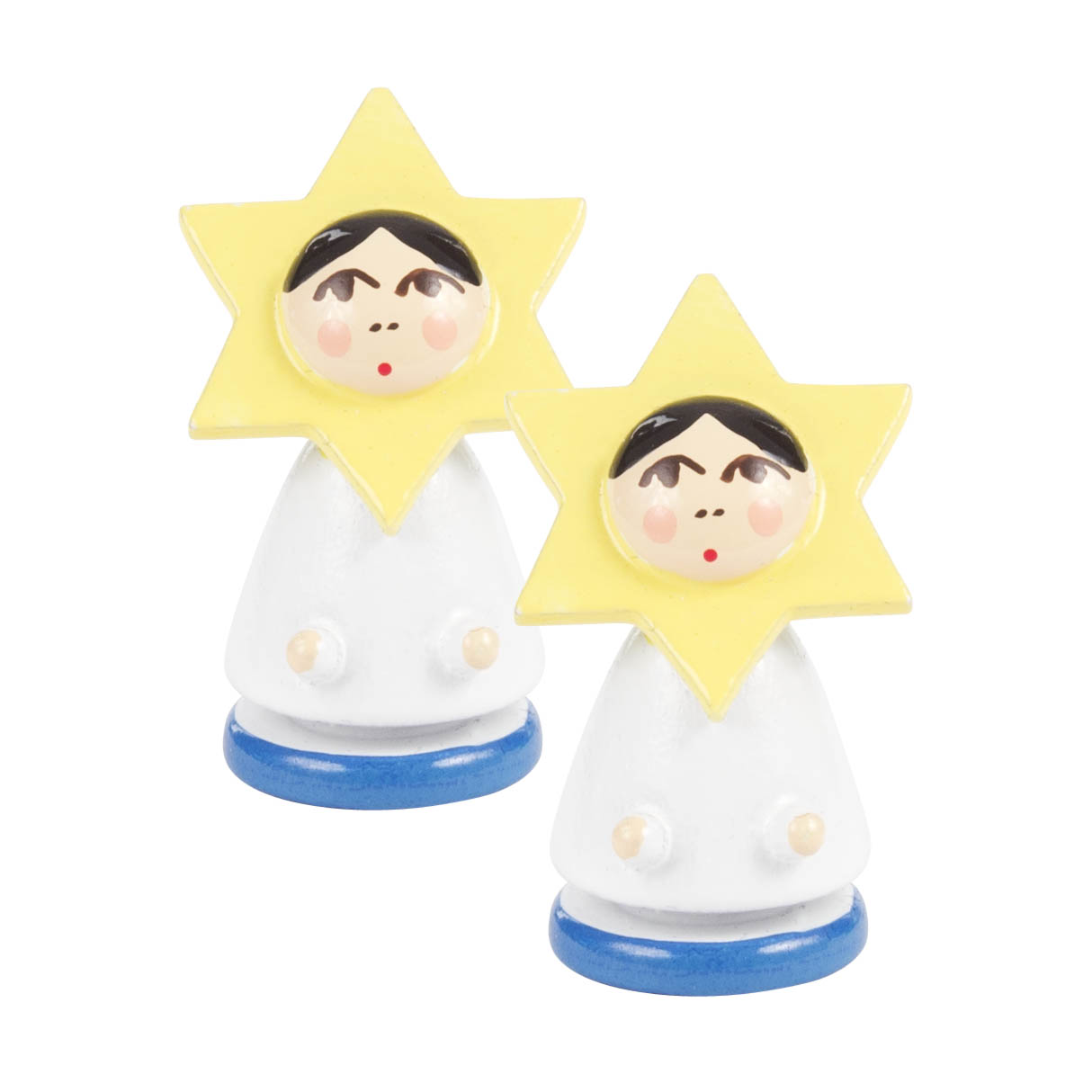 Paar Ohrringe in Form von Sternfiguren mit gelben Sternen und Gesichtern, präsentiert in einem schwarzen Schmucketui. im Dregeno Online Shop günstig kaufen