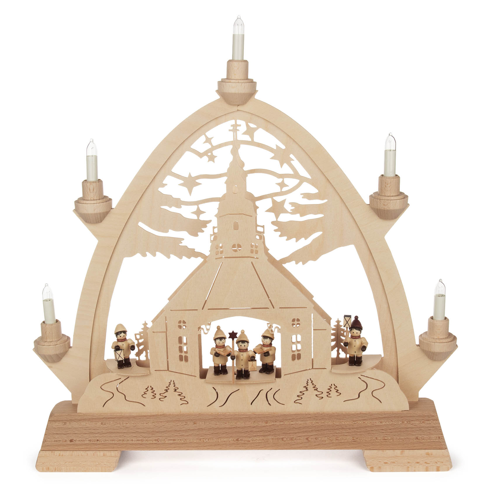 Holzbogen mit eingravierter Seiffener Kirche, geschmückt mit Kurrende-Sängern und Laternenkindern. Sechs elektrische Kerzen auf Bogenkanten. im Dregeno Online Shop günstig kaufen