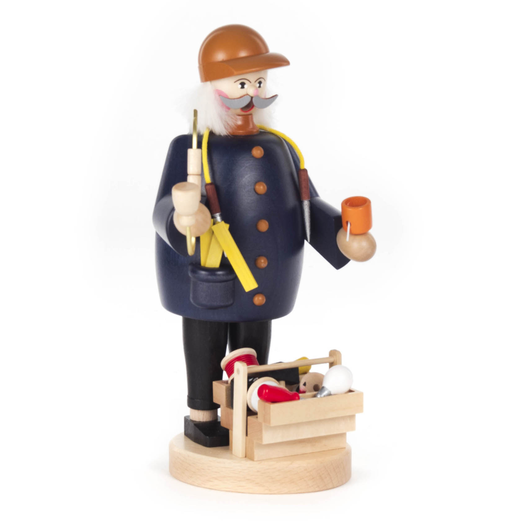 Räuchermann in Form eines Elektrikers mit braunem Helm, dunkelblauer Jacke, gelbem Kabel und Werkzeugkiste in der Hand.