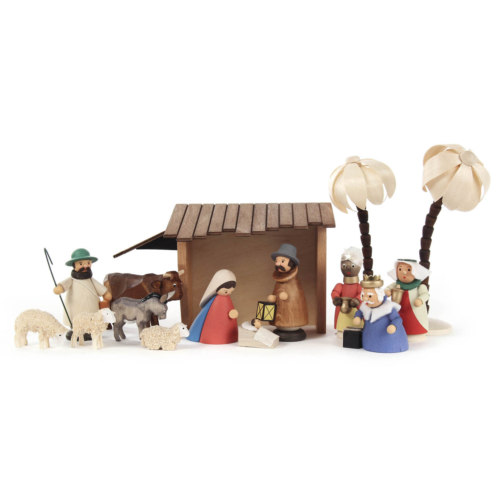 Farbig gestaltete Weihnachtskrippe mit Figuren, darunter Maria, Josef, das Jesuskind, Hirten, Schafe und die Heiligen Drei Könige, vor einem Stall. im Dregeno Online Shop günstig kaufen