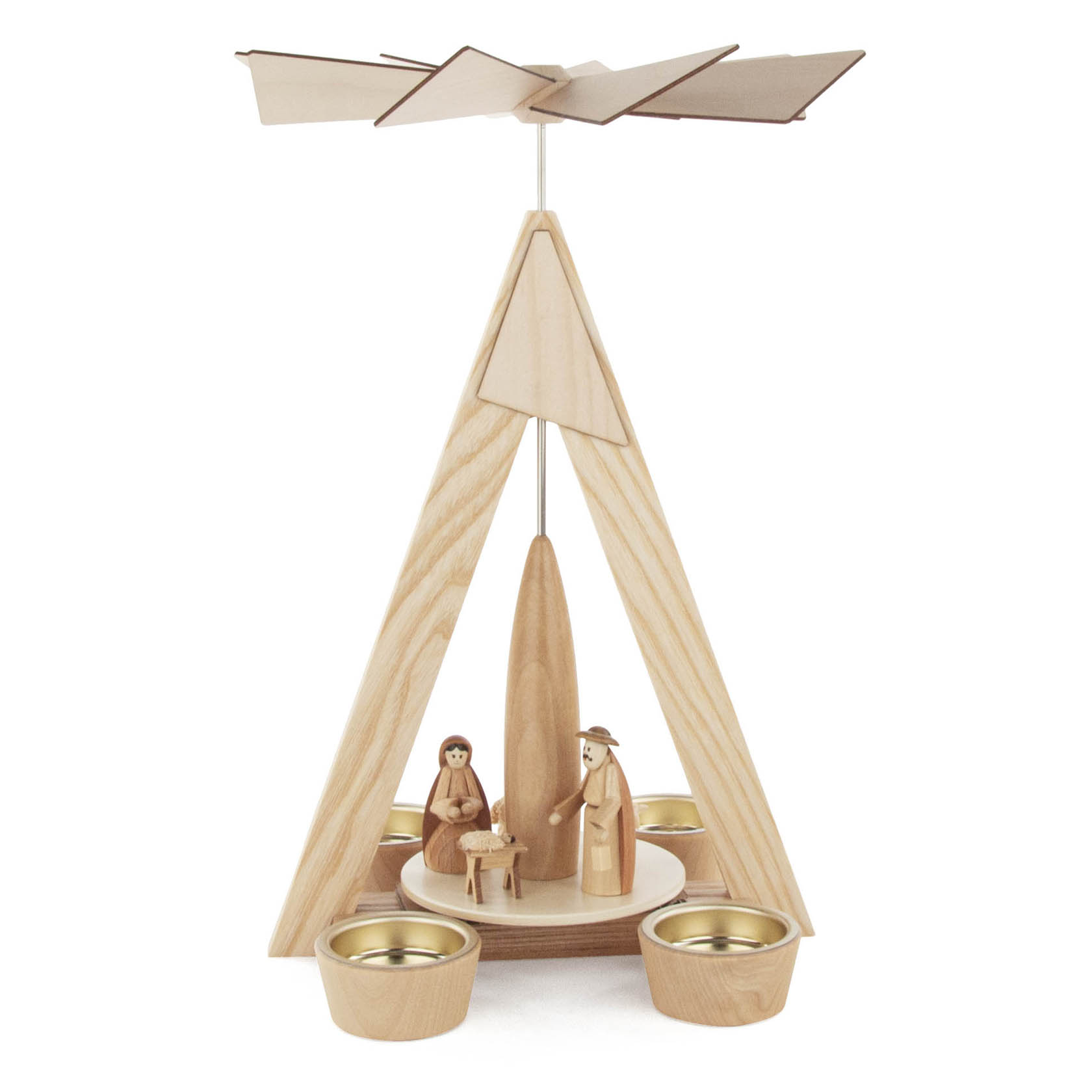 Holzpyramide mit Figuren von Maria, Josef und Jesuskind, die durch die Wärme von Teelichtern angetrieben wird. im Dregeno Online Shop günstig kaufen