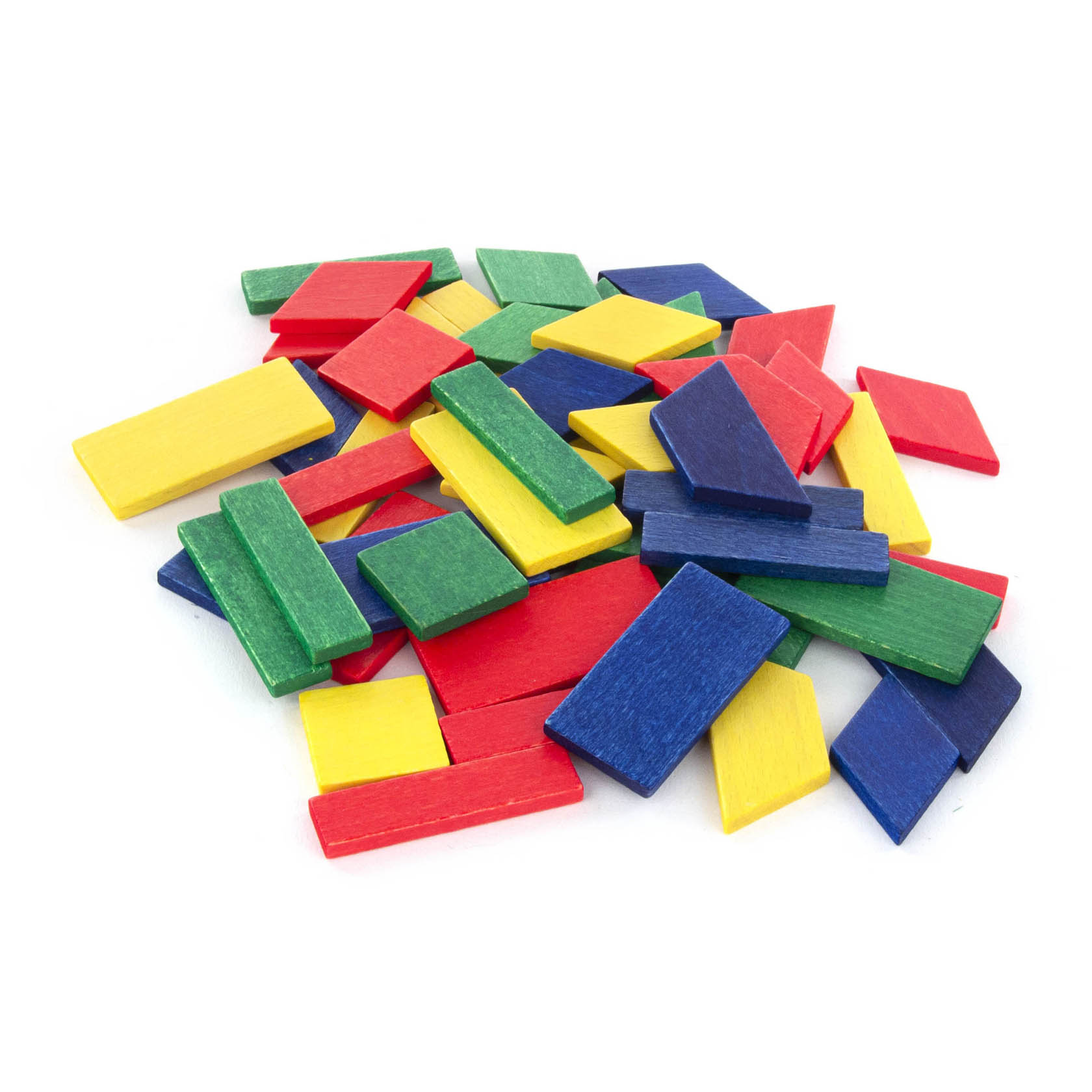 A pile of colorful rectangular wooden game pieces in red, green, yellow, and blue.