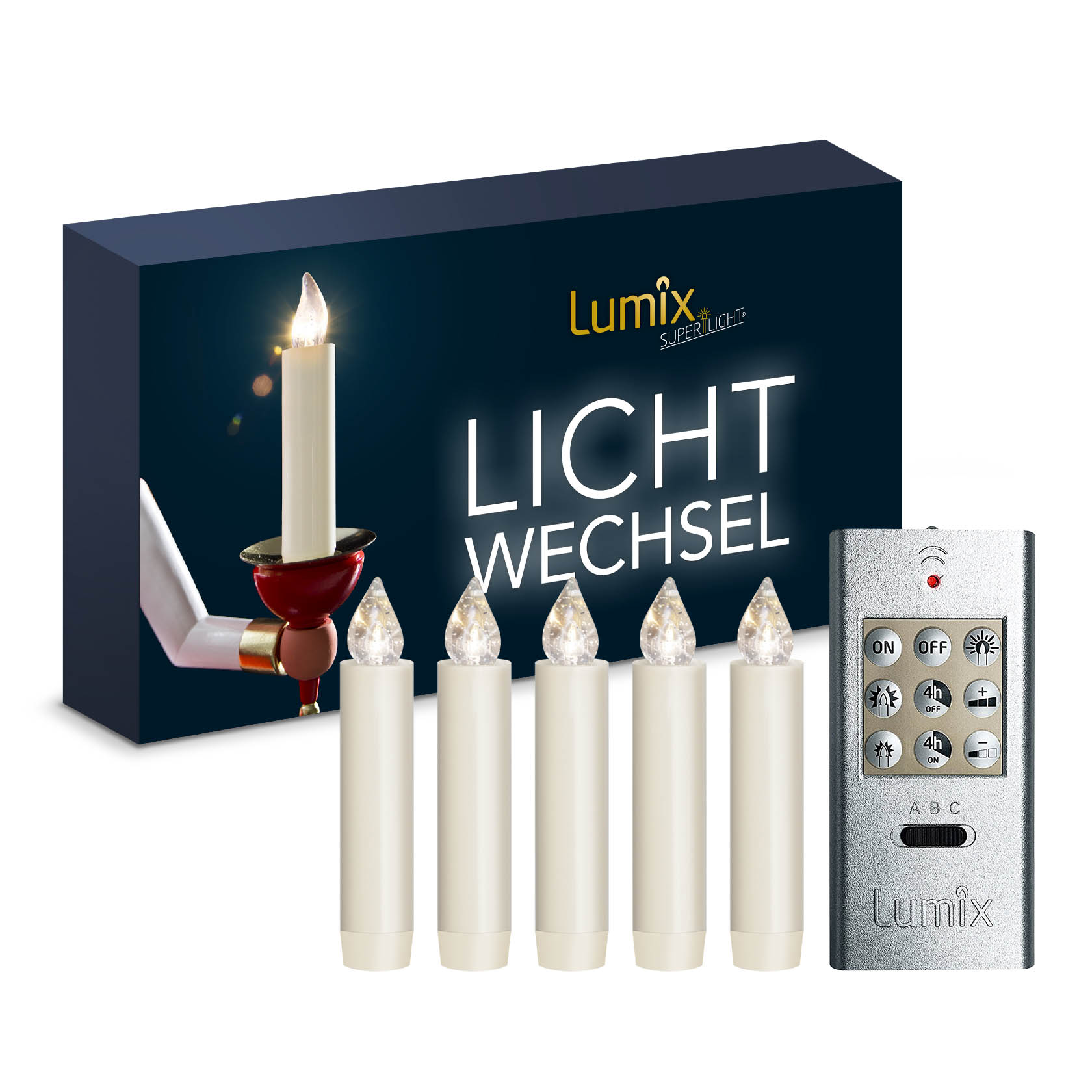 Fünf cremefarbene kabellose Kerzen und eine silberne Fernbedienung mit mehreren Tasten vor einer LUMIX Verpackung. im Dregeno Online Shop günstig kaufen