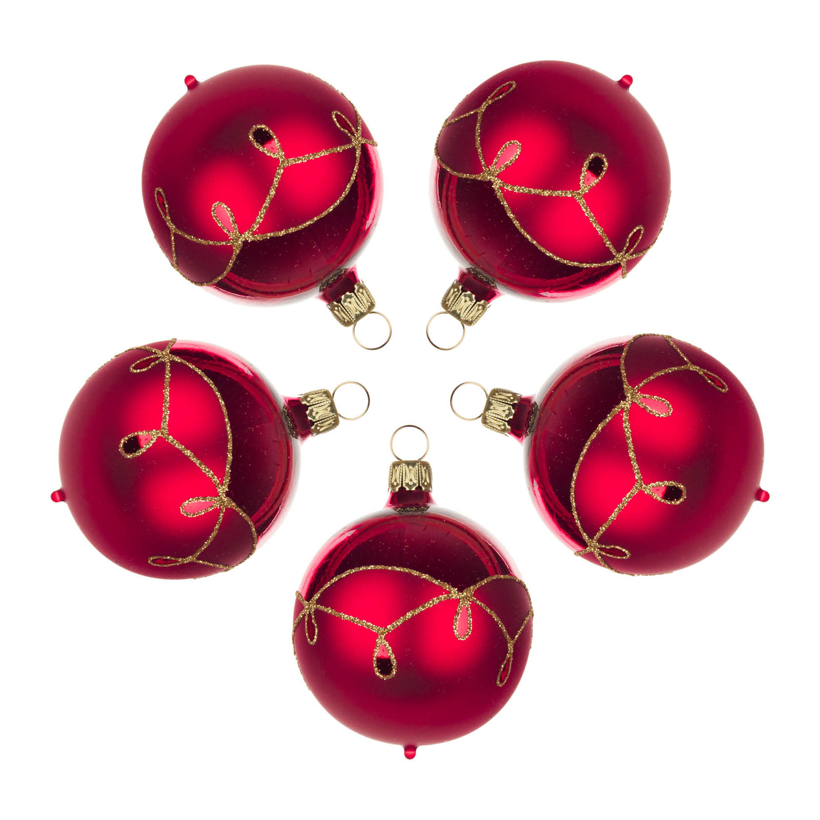 Fünf rote Christbaumkugeln mit mattem Finish und goldenen Tropfenmustern, angeordnet in einem Kreis. im Dregeno Online Shop günstig kaufen