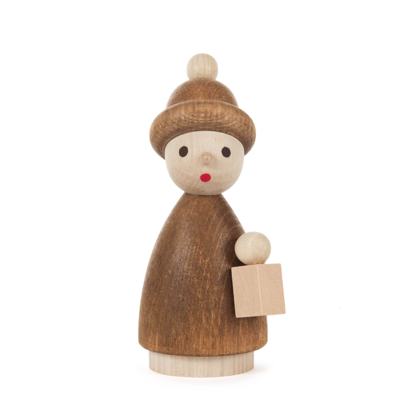 Eine hölzerne Kurrendefigur in Braun mit einer kleinen, rechteckigen Laterne in der Hand. im Dregeno Online Shop günstig kaufen