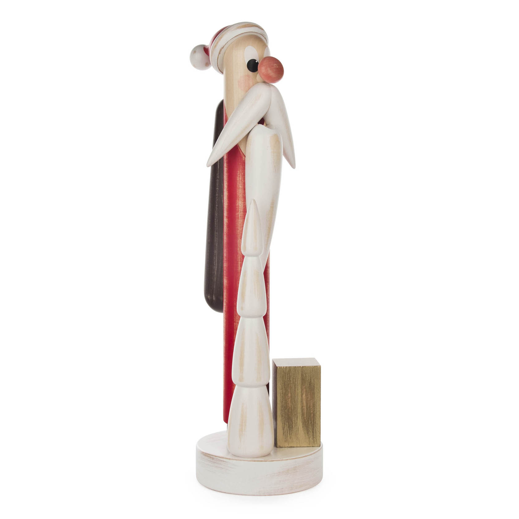 Ein hölzerner Räuchermann im Shabby Chic Stil, der einen Weihnachtsmann darstellt. Er trägt eine Mütze, hat einen weißen Bart und steht aufrecht auf einem runden Sockel. im Dregeno Online Shop günstig kaufen