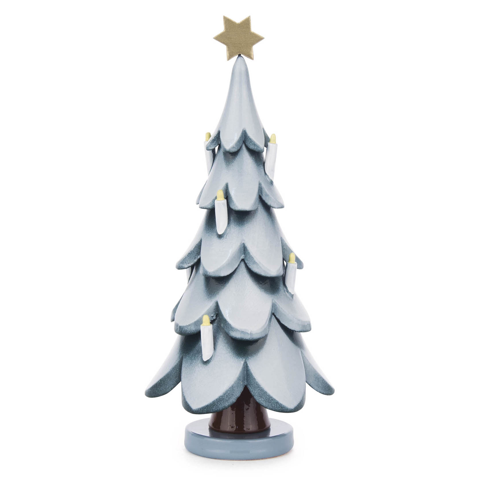 Dekorativer, blauer Weihnachtsbaum aus Holz mit goldfarbenem Stern an der Spitze und kleinen weißen Kerzen auf den Ästen. im Dregeno Online Shop günstig kaufen