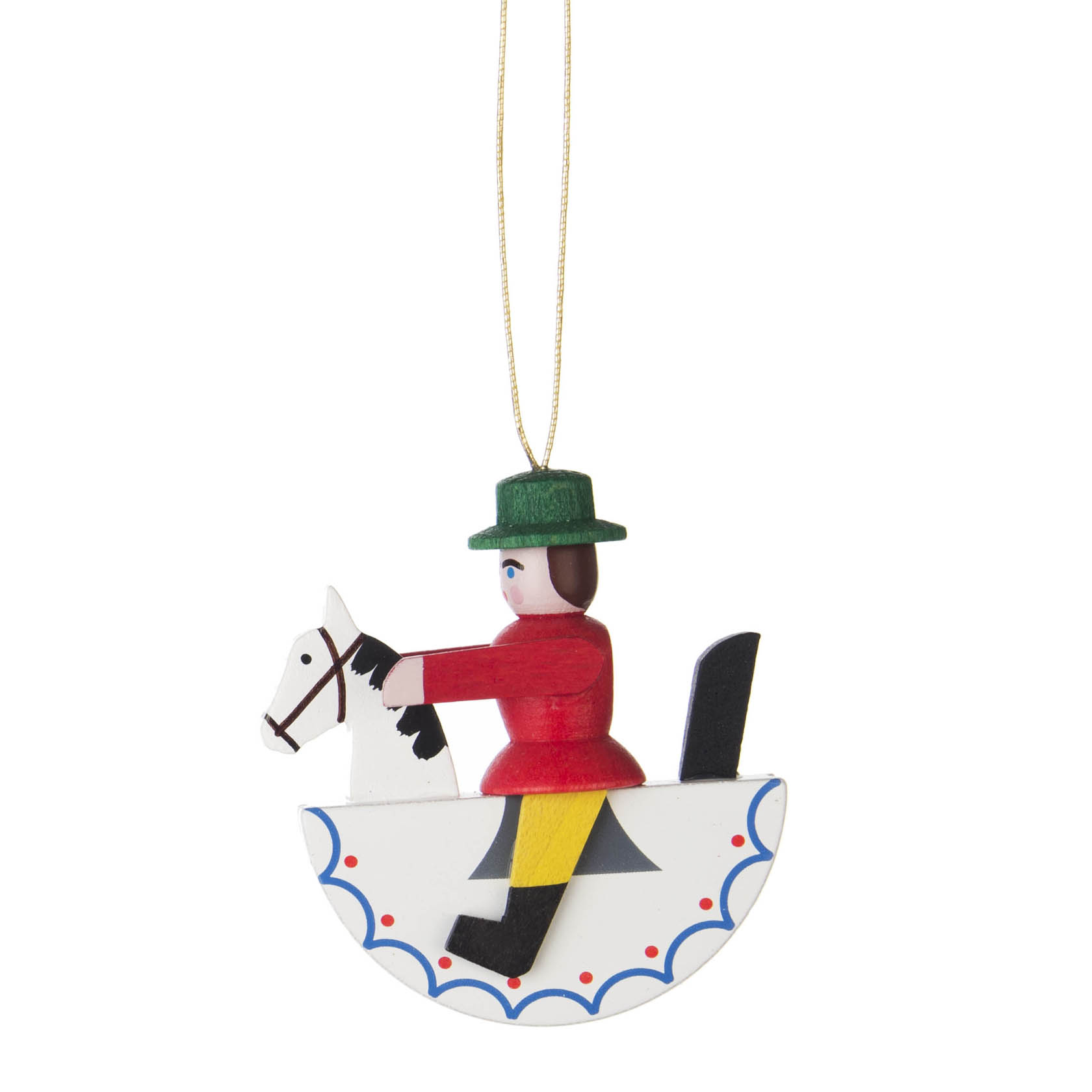 Ein hölzernes, handbemaltes Ornament zeigt eine rotgekleidete Figur mit grünem Hut auf einem Schaukelpferd sitzend, mit einer goldenen Aufhängeschnur. im Dregeno Online Shop günstig kaufen