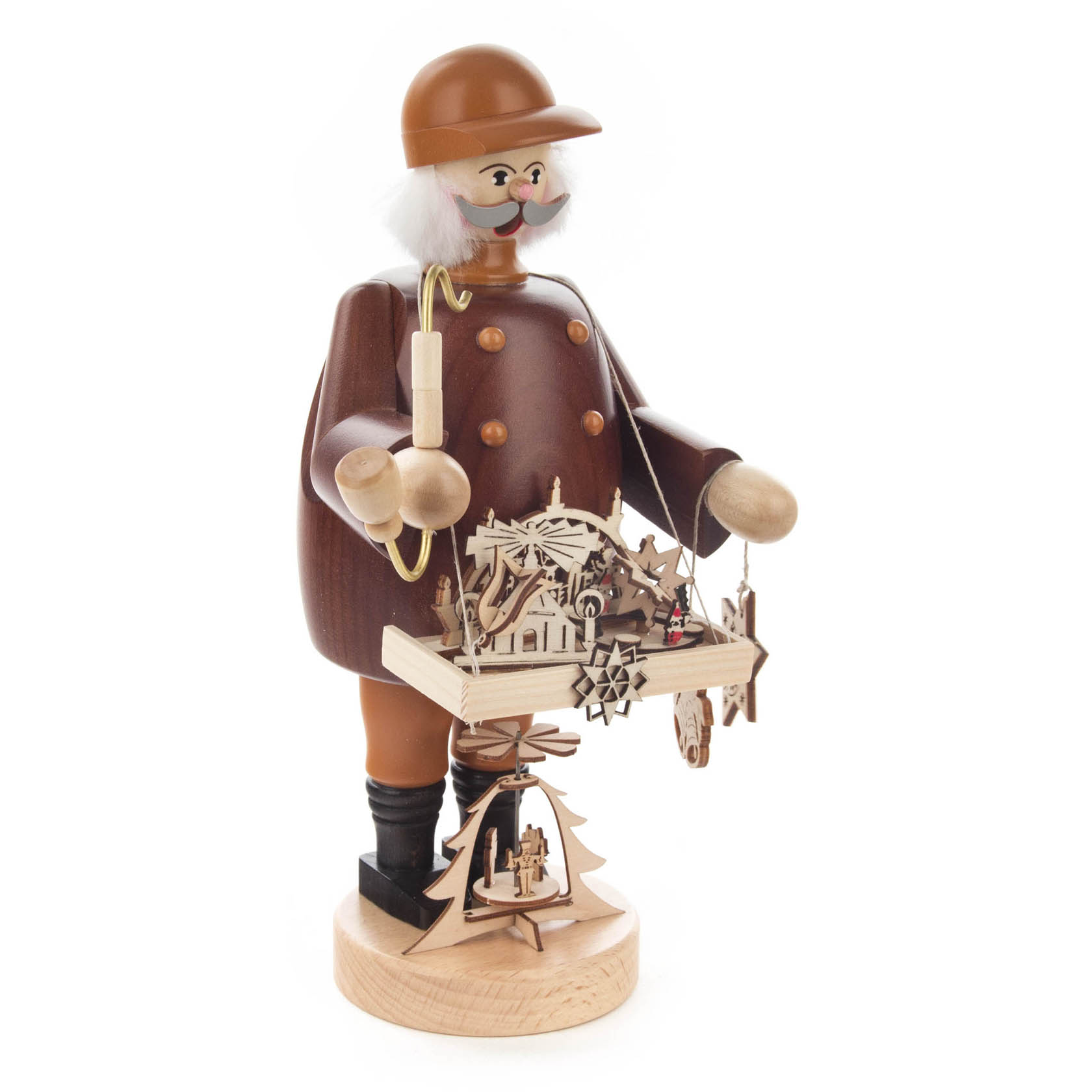 A wooden incense smoker figure depicting a traditional Schwibbogen seller, with a mustache, hat, and a small decorative arch display.