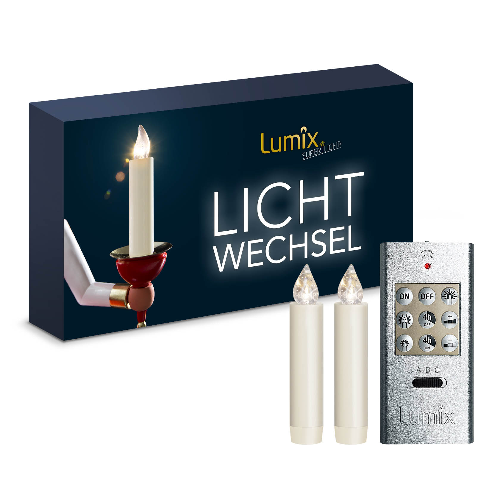LUMIX CLASSIC MINI S Superlight Kerzen, basiert auf zwei Kerzen mit Fernbedienung und Magnetsockel, abgebildet vor einer Verpackung mit Aufschrift 'LICHT WECHSEL'. im Dregeno Online Shop günstig kaufen