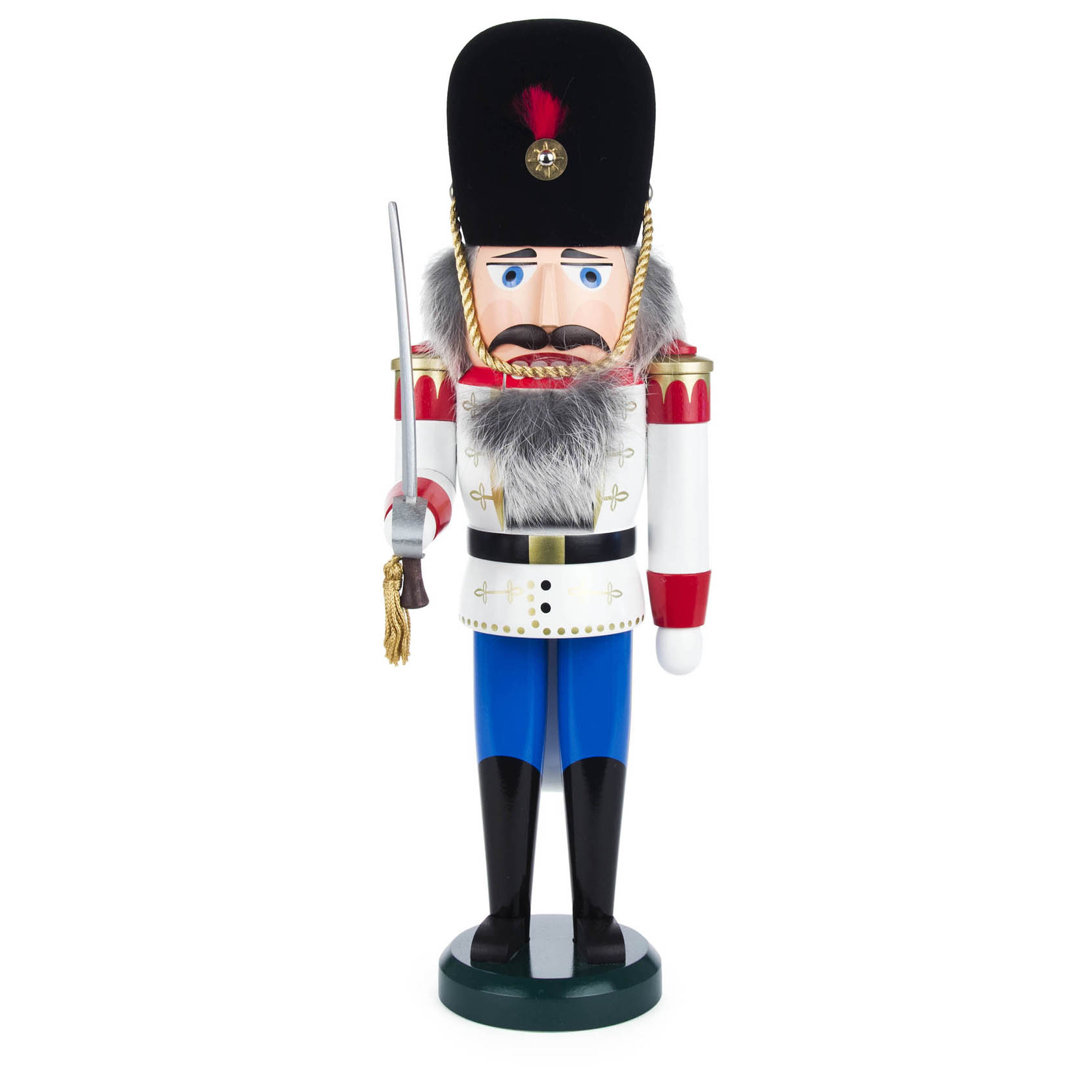 A 39cm tall white and blue Danish nutcracker with a black hat, holding a sword in his right hand. The nutcracker features a detailed face with a mustache. im Dregeno Online Shop günstig kaufen