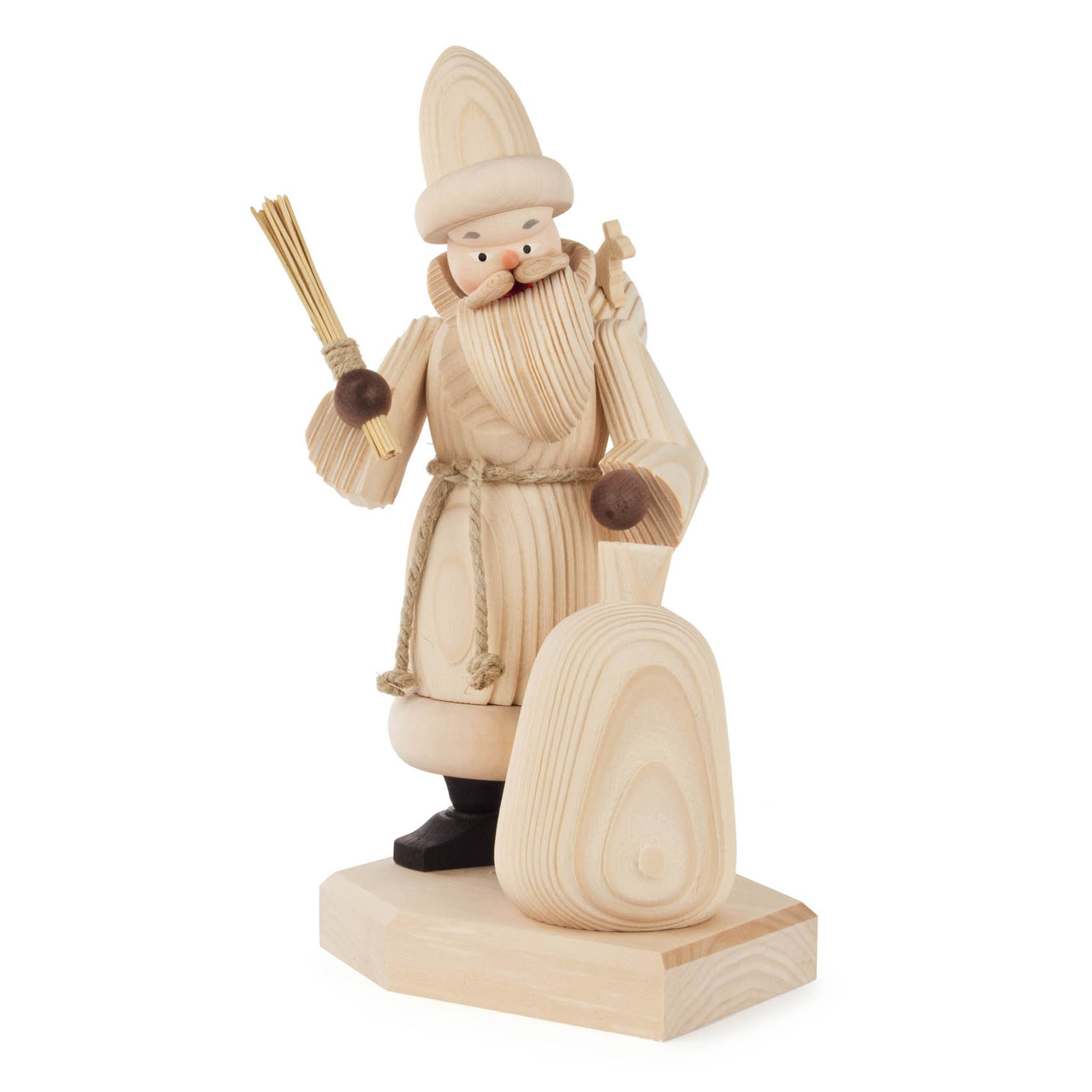 A wooden incense smoker figurine of Santa Claus holding a sack. The figure is natural-colored with detailed wood grain texture. im Dregeno Online Shop günstig kaufen