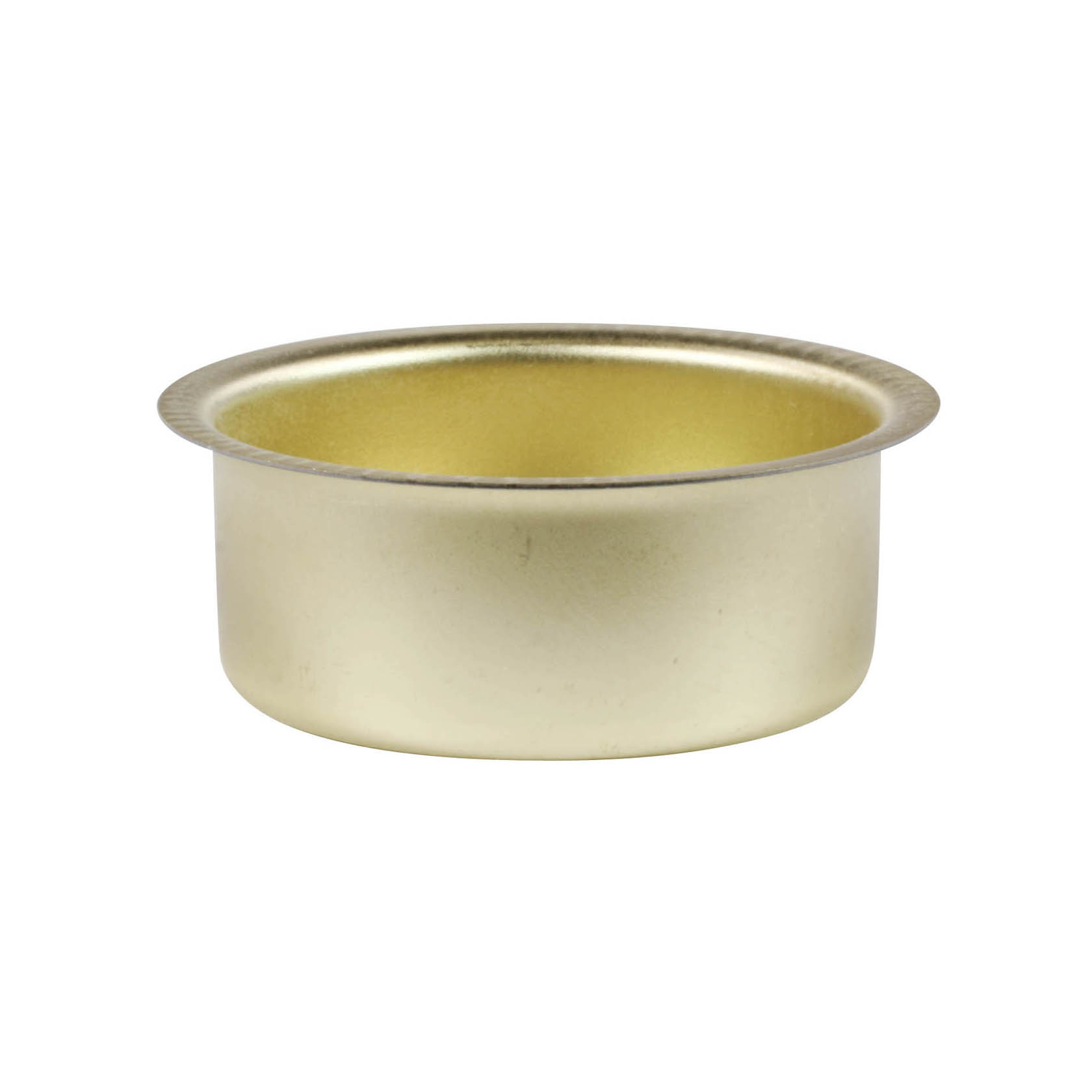 Nahaufnahme einer goldenen Messingtülle oder Teelichthalter, die 40mm im Durchmesser und 18mm in der Tiefe misst, insgesamt 50 Stück. im Dregeno Online Shop günstig kaufen