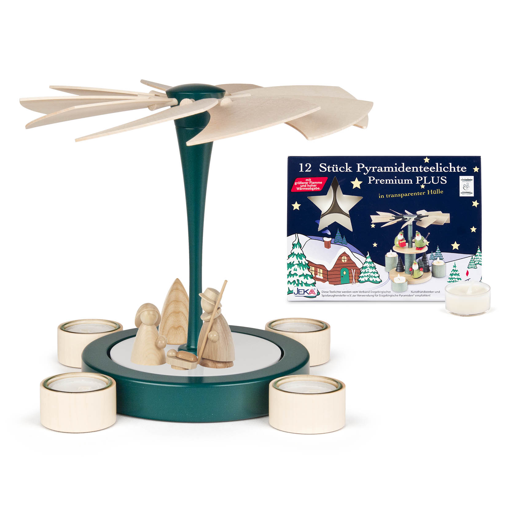 Holzpyramide NOBILIS mit einem modernen, stilisierten Design. In der Mitte eine Heilige Familie und ein einfaches Bäumchen, umgeben von Teelichtern. im Dregeno Online Shop günstig kaufen