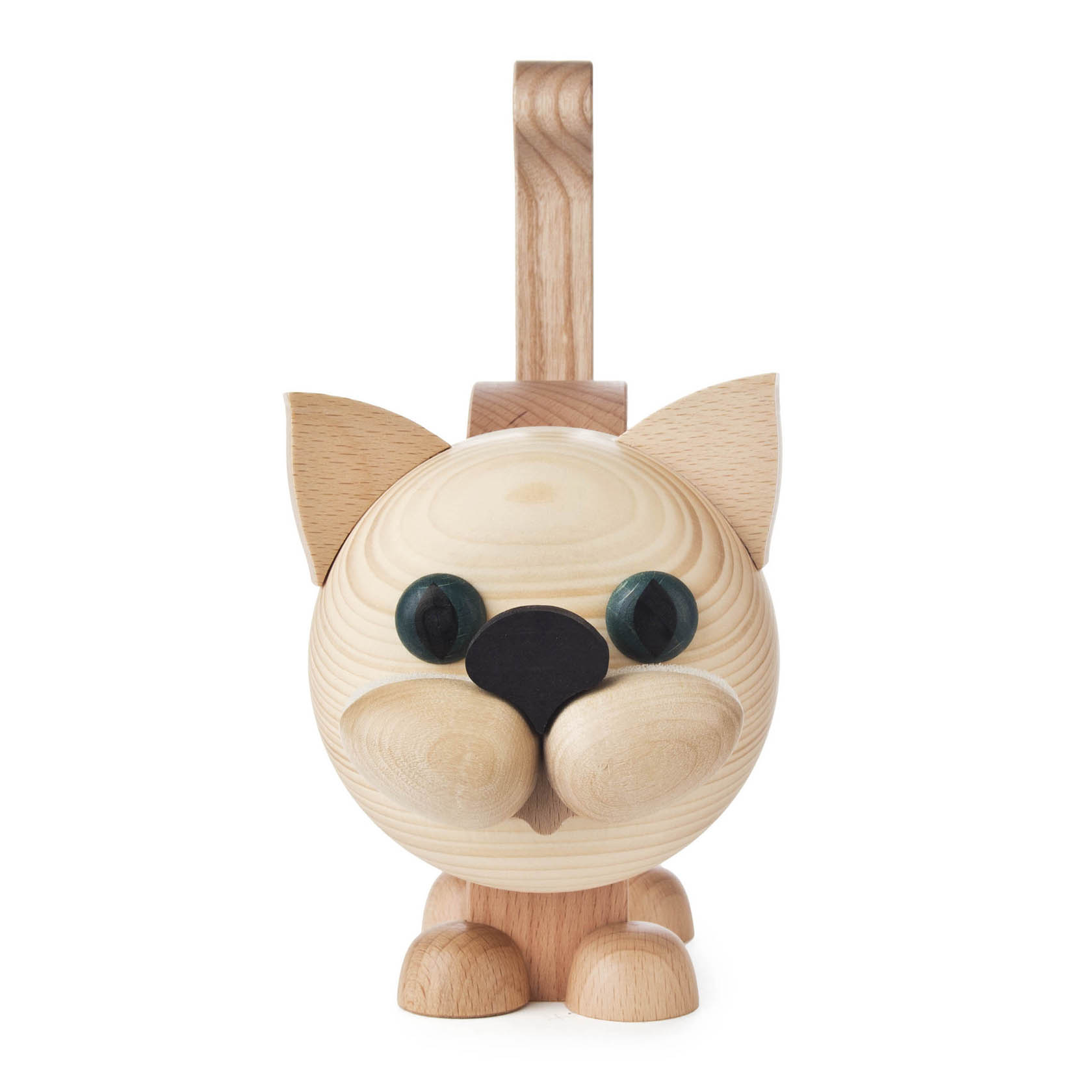 Ein aus Holz gefertigter Brillenhalter in Form eines Katzenkopfes mit großen Augen und einer schwarzen Nase.