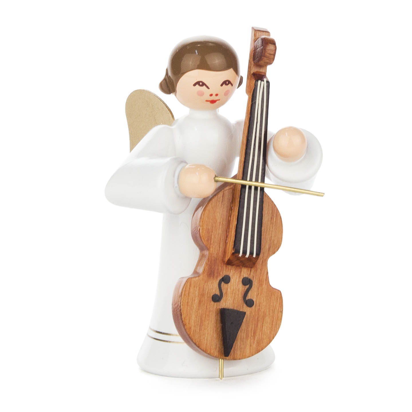 Ein hölzerner Engel mit braunem Haar spielt eine Bassgeige. Der Engel trägt einen langen weißen Rock und hat goldene Flügel. im Dregeno Online Shop günstig kaufen