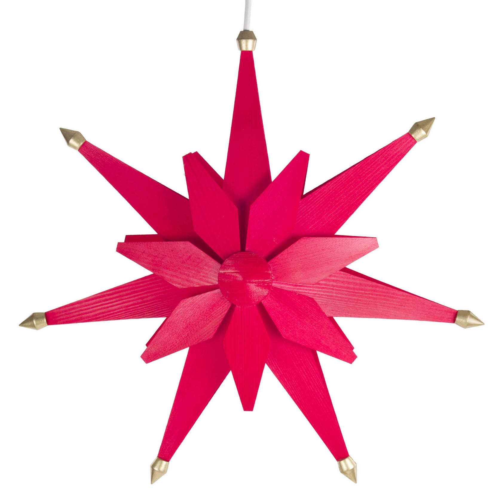Ein doppelter roter Weihnachtsstern mit elektrischer Beleuchtung und goldenen Spitzen an den Enden der Strahlen. im Dregeno Online Shop günstig kaufen
