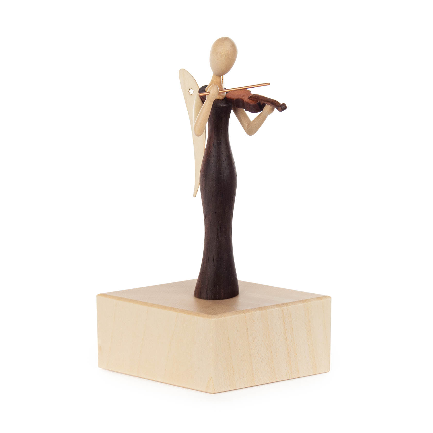 Eine minimalistische Holzfigur eines Engels mit Sternkopf, der stehend eine Geige spielt, auf einem quadratischen Sockel. im Dregeno Online Shop günstig kaufen