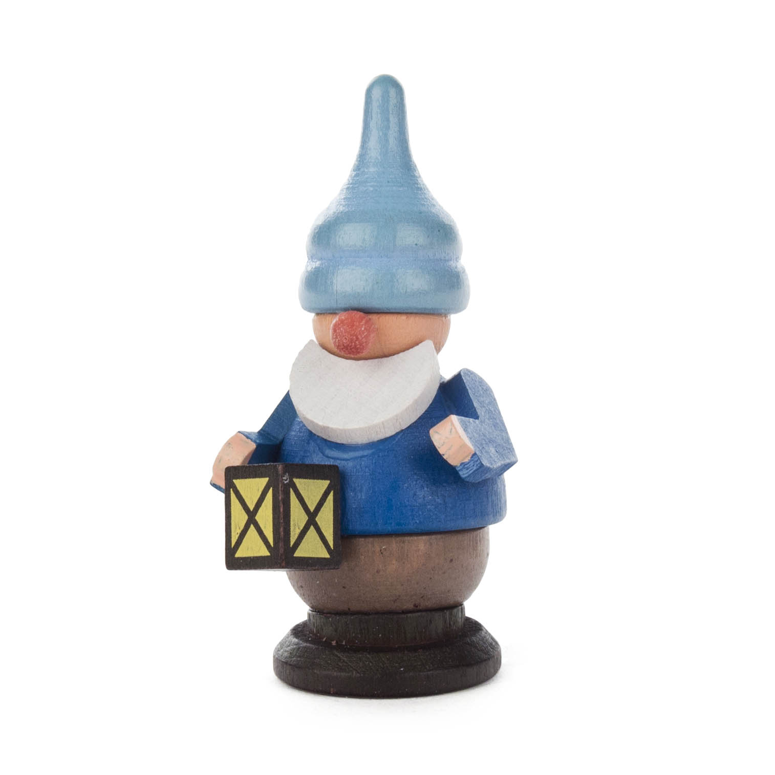 Holzzwerg mit blauem Hut und Jacke, hält eine kleine gelbe Laterne. im Dregeno Online Shop günstig kaufen