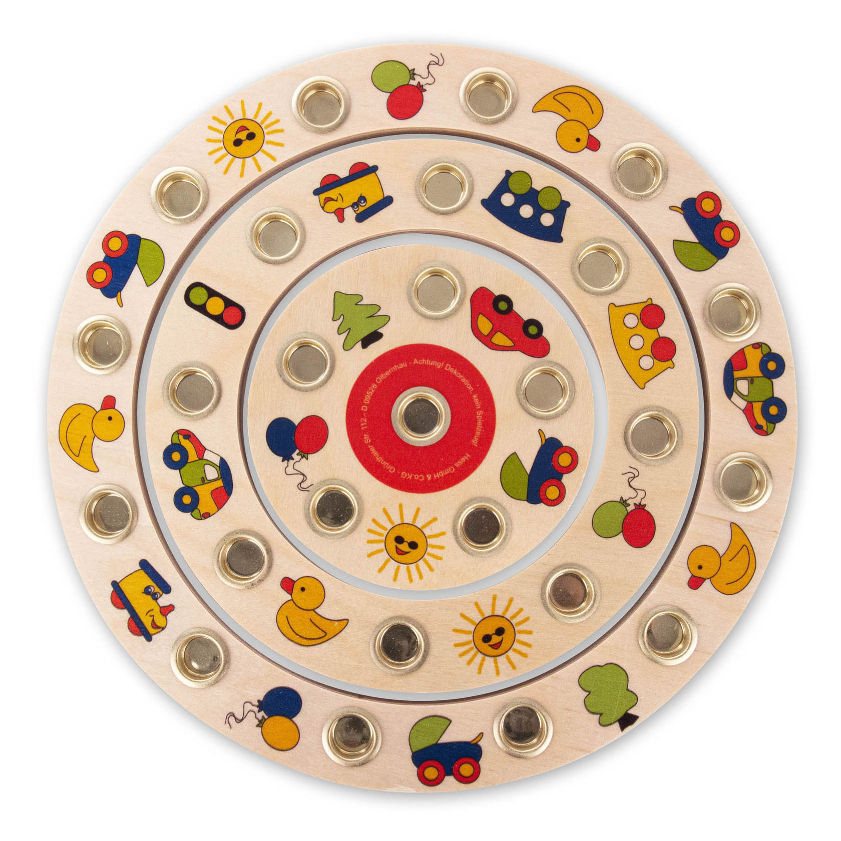 A wooden birthday ring composed of three concentric rings with colorful images such as suns, cars, ducks, and trees. Each ring has metal candle holders. im Dregeno Online Shop günstig kaufen