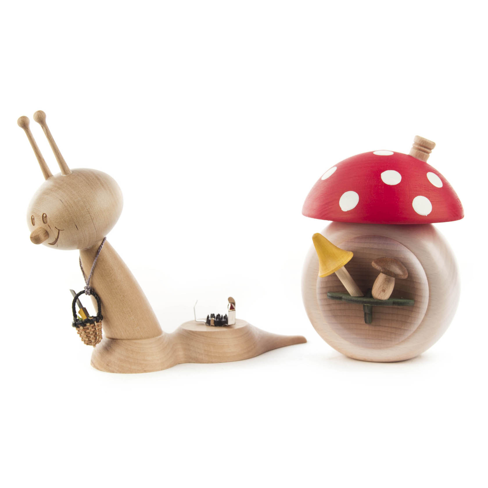 A wooden incense figure of a snail with a mushroom-shaped house on its back. The snail holds a basket, and the mushroom house has a chimney.