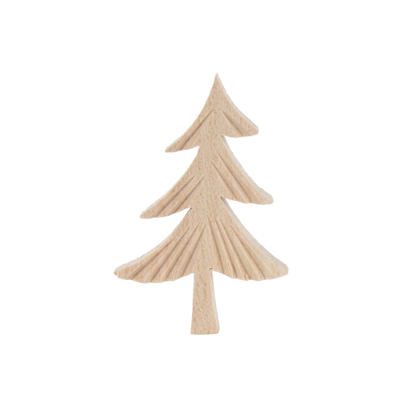 Kleines Holzschnitzerei eines stilisierten Tannenbaums, etwa 75mm groß, mit detaillierten, eingeschnitzten Linien für die Zweige. im Dregeno Online Shop günstig kaufen