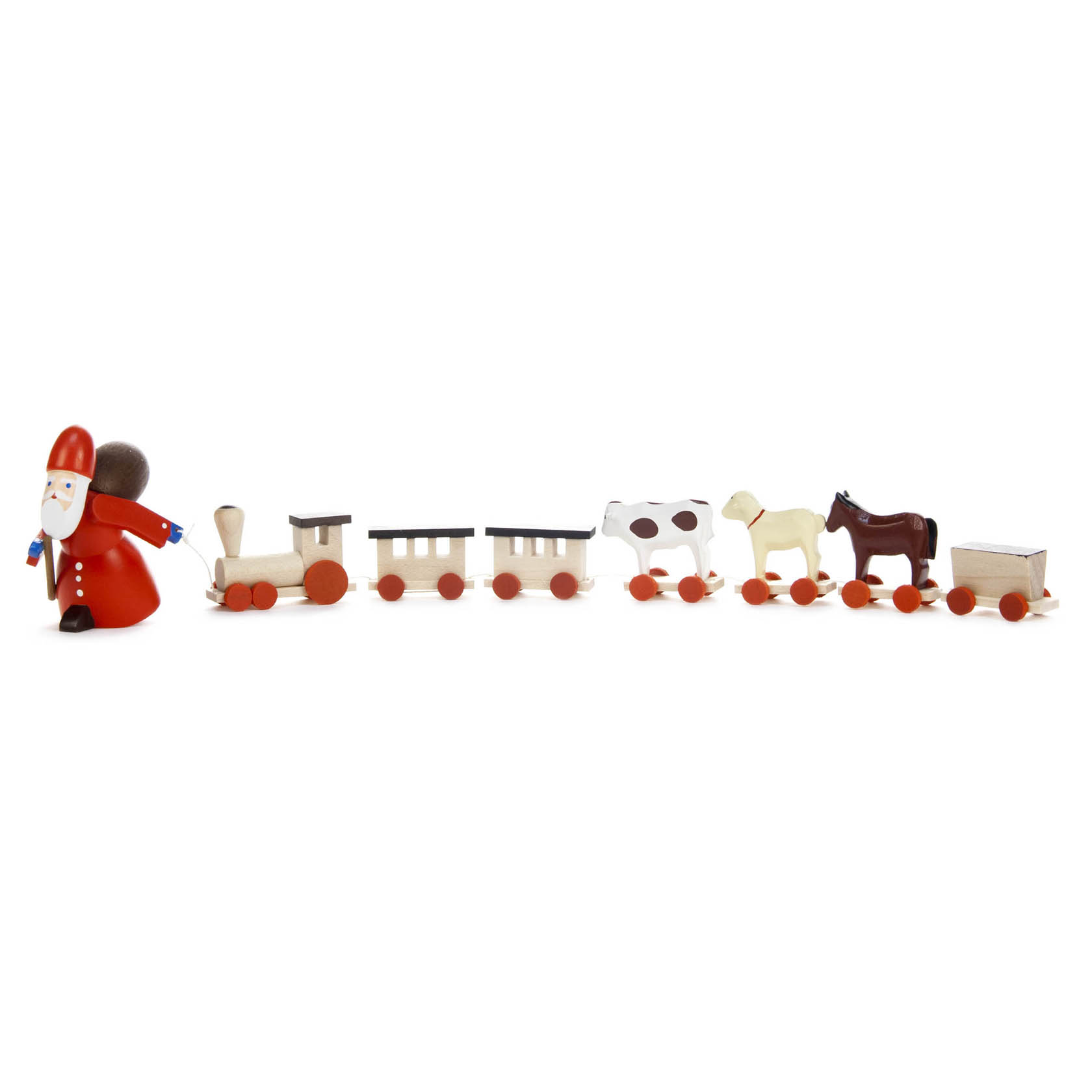 Eine Holzfigur des Ruprecht zieht eine kleine Eisenbahn, gefolgt von Holztieren: einer Kuh, einem Schaf, einem Pferd und einem Wagen. im Dregeno Online Shop günstig kaufen