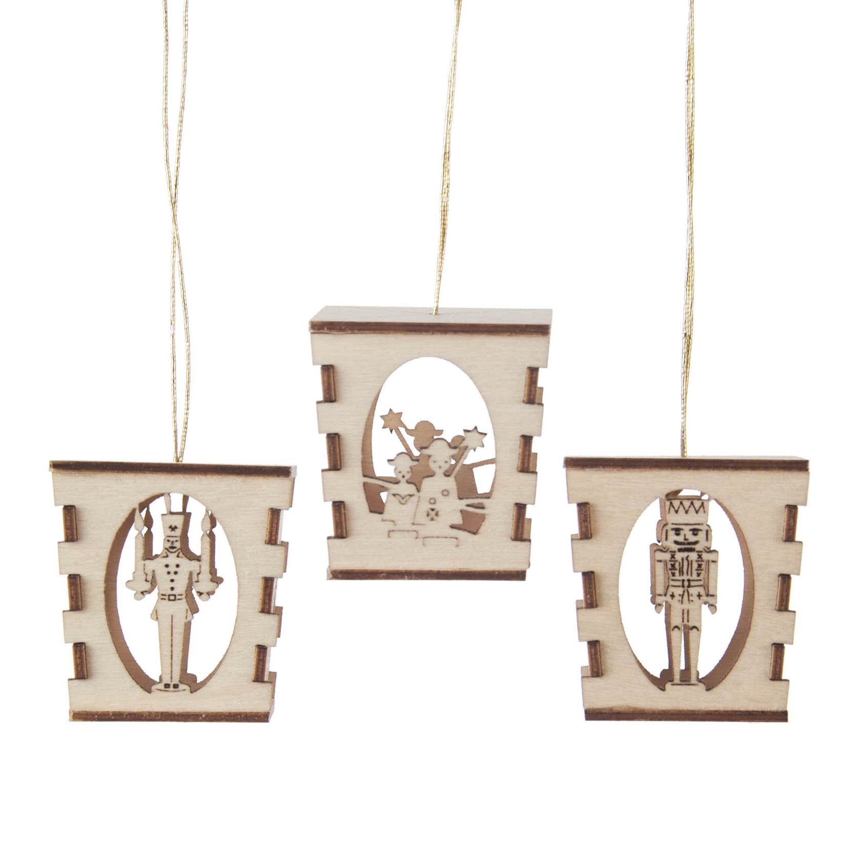 Drei dekorative Holzlaternen mit filigranen Ausschnitten: ein Nussknacker, ein Weihnachtsmann mit Geschenken, und ein zweiter Nussknacker, alle hängend. im Dregeno Online Shop günstig kaufen