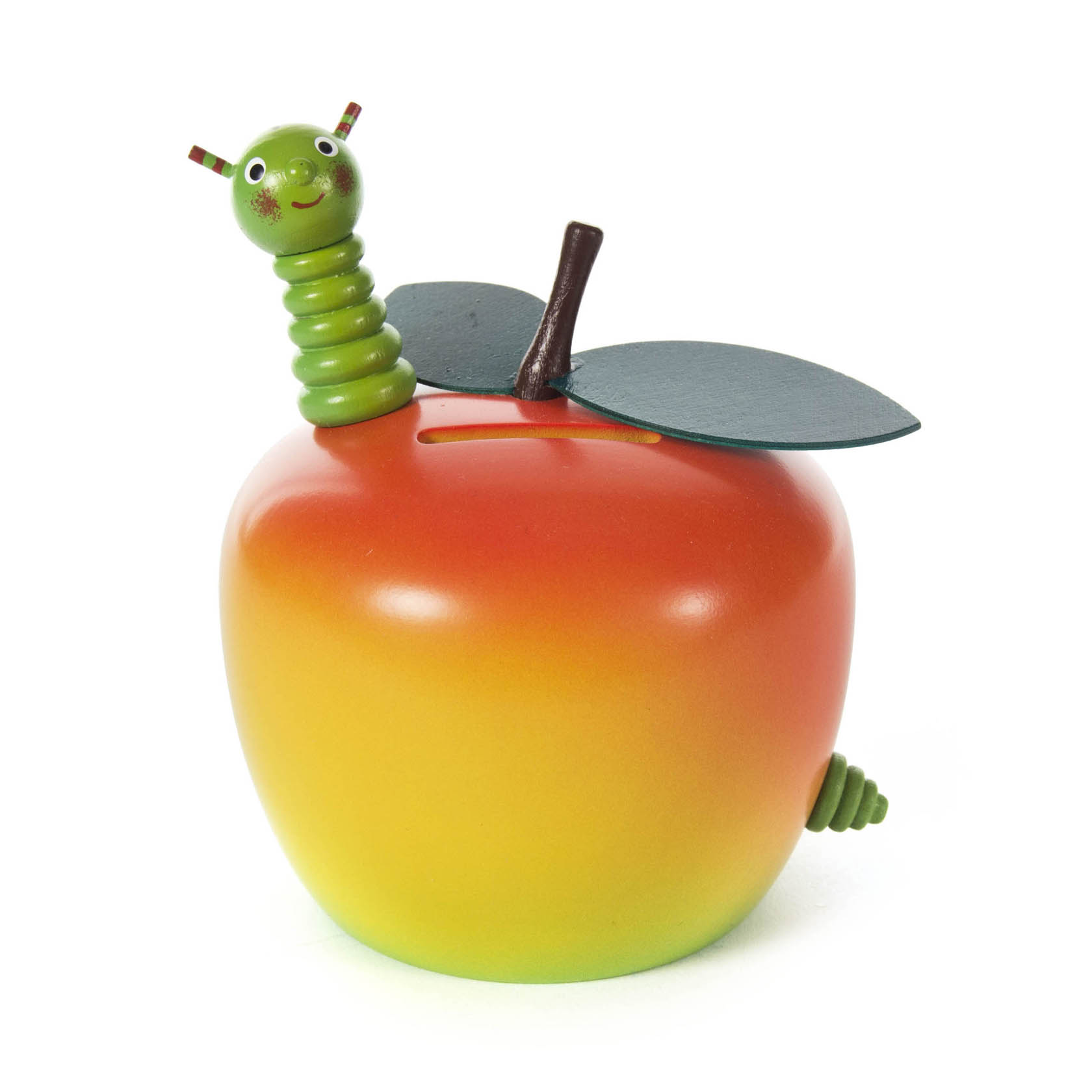 Eine Spardose in Form eines roten und gelben Apfels mit einem grünen Wurm, der aus einer Öffnung im Apfel herausblickt. Der Apfel hat zwei grüne Blätter. im Dregeno Online Shop günstig kaufen