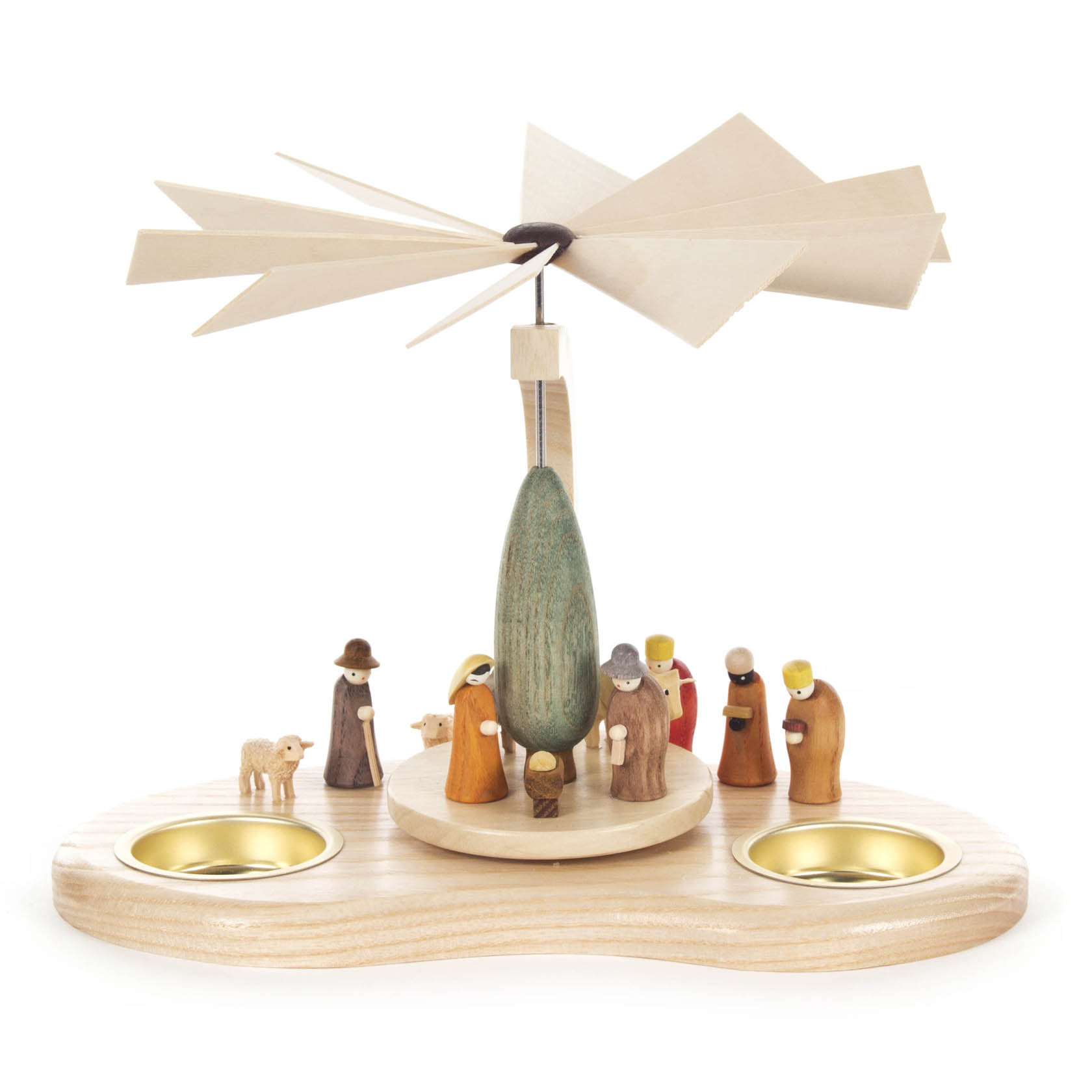 Holzpyramide mit Figuren der Weihnachtsgeschichte: Maria, Josef, Jesuskind in Krippe, ein Hirte mit Schaf und drei Könige. Platz für Teelichter. im Dregeno Online Shop günstig kaufen