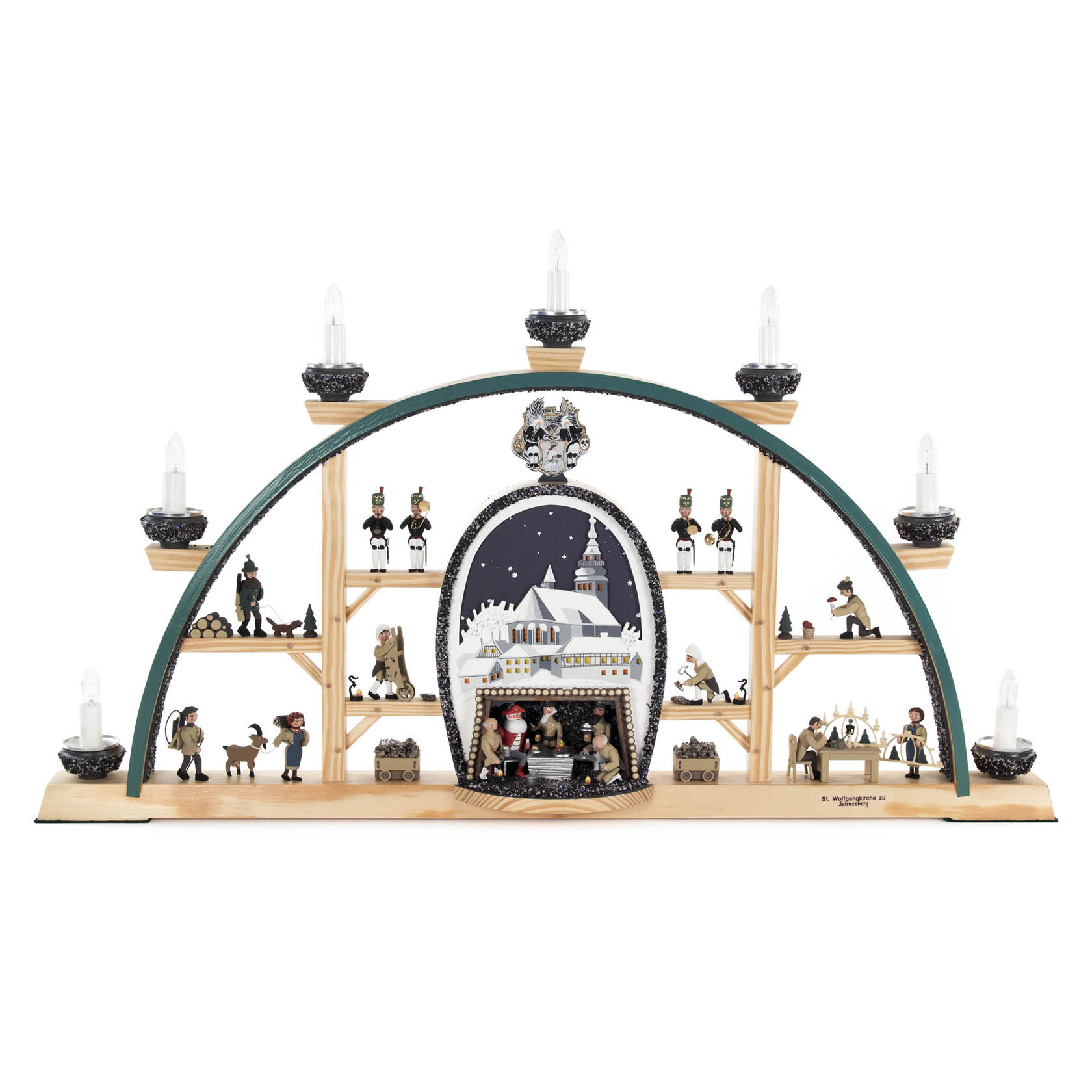 Elektrischer Schwibbogen mit der St. Wolfgangkirche zu Schneeberg, Erzgebirgsfiguren, Bergwerkszenen und leuchtenden Kerzen. im Dregeno Online Shop günstig kaufen
