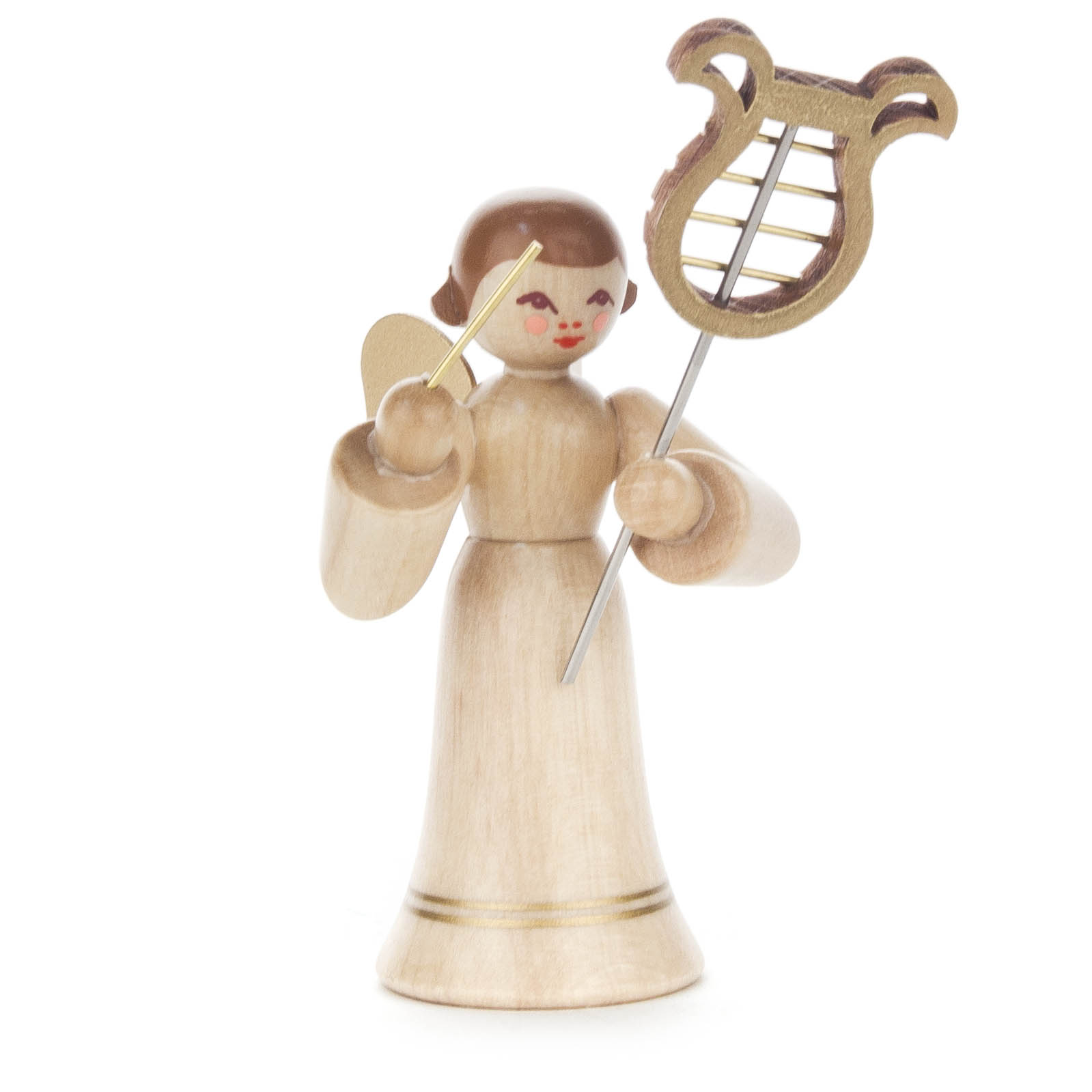 Holzfigur eines Engels mit einer Lyra in der rechten Hand. Der Engel trägt einen langen, naturbelassenen Rock und hat rote Wangen. im Dregeno Online Shop günstig kaufen
