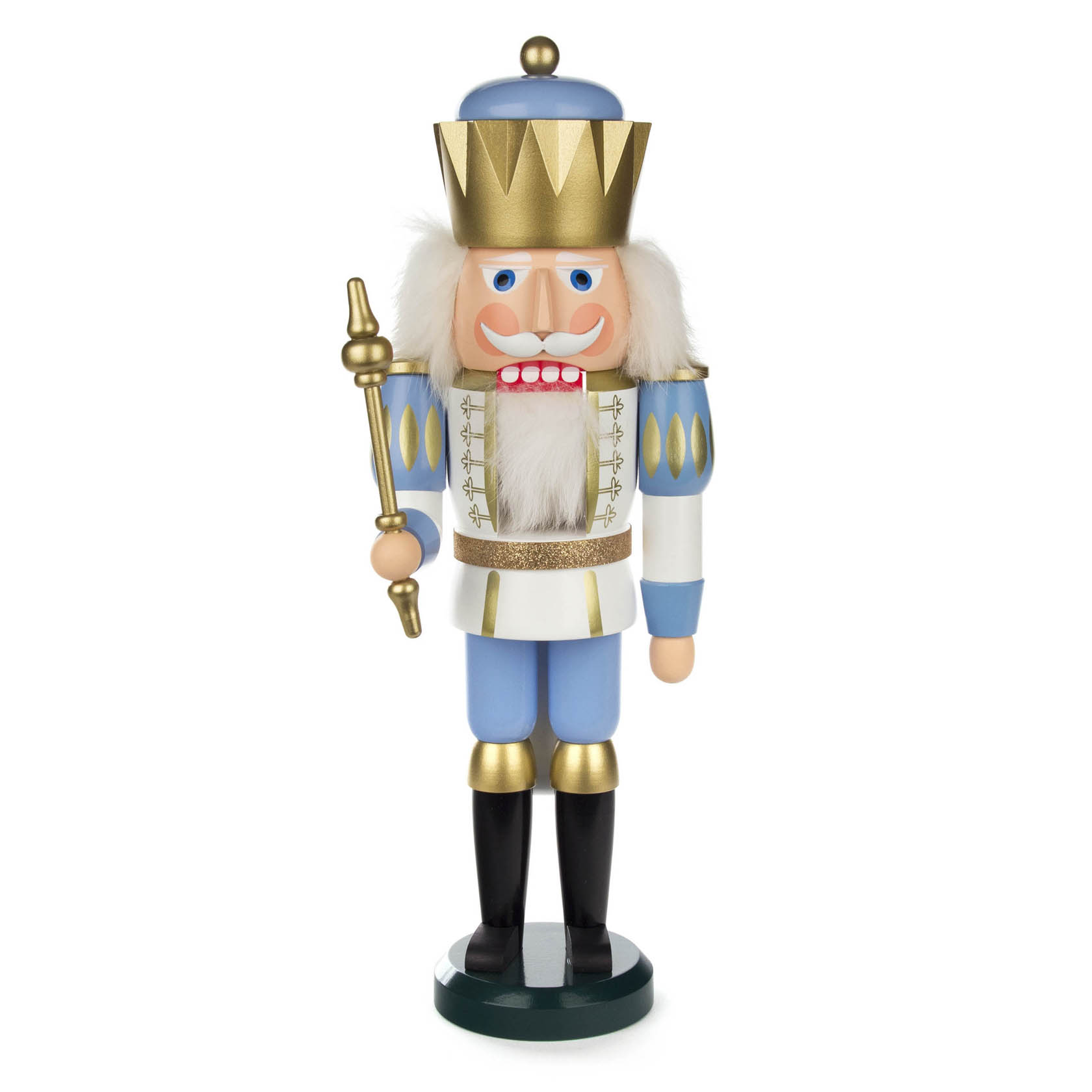 Nussknacker in Königsform mit goldener Krone und Szepter, weiß-blauer Uniform mit goldenen Details, schwarze Stiefel und weißes Haar, 40 cm hoch. im Dregeno Online Shop günstig kaufen