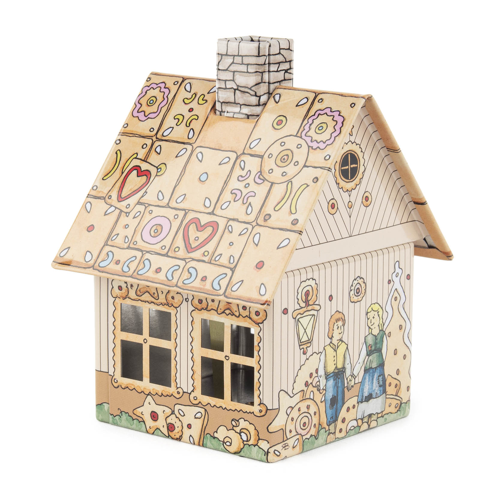 Ein metallisches Räucherhaus in Form eines Knusperhauses, verziert mit bunten Lebkuchenmotiven und einem Schornstein. Auf dem Haus sind zwei Figuren eines Paares abgebildet.