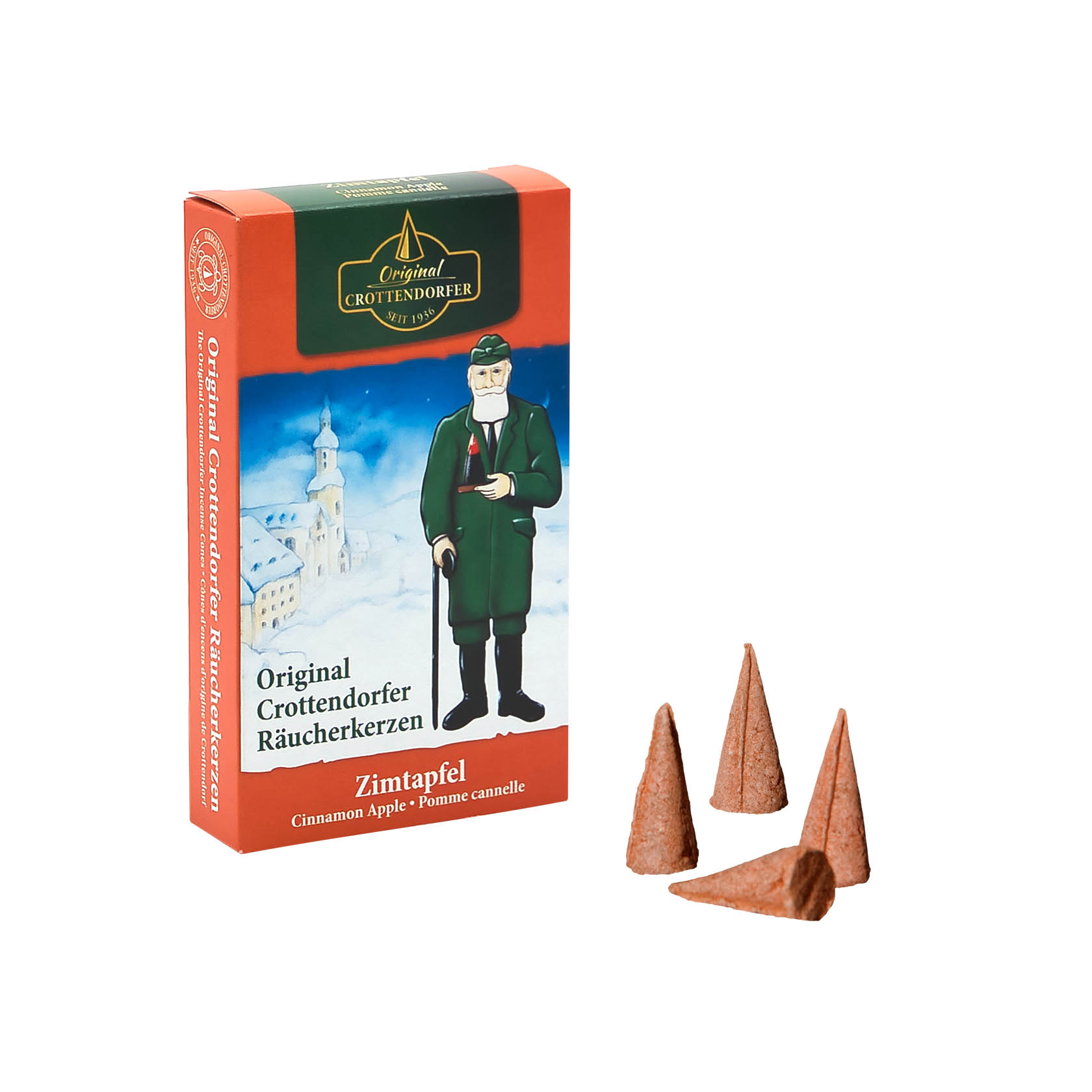 Verpackung und fünf Crottendorfer Räucherkerzen in Kegelform, Sorte Zimtapfel, mit aufsteigendem Rauch. im Dregeno Online Shop günstig kaufen