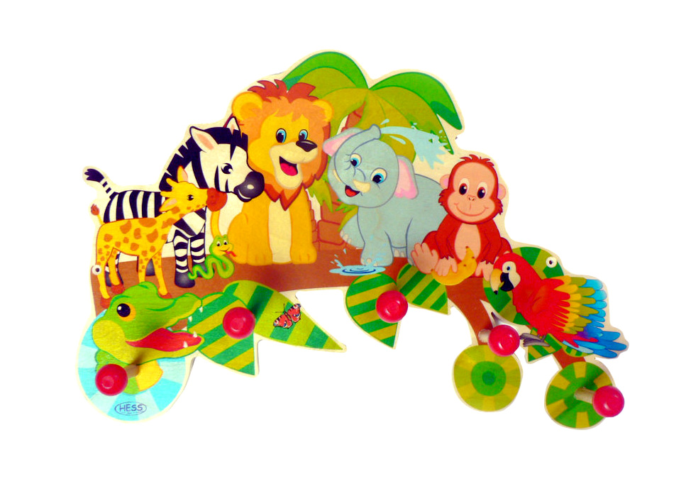 Bunte Kindergarderobe mit Dschungeltieren: Zebra, Löwe, Elefant, Affe, Krokodil und Papagei. Fünf rote Haken für Kleidung. im Dregeno Online Shop günstig kaufen