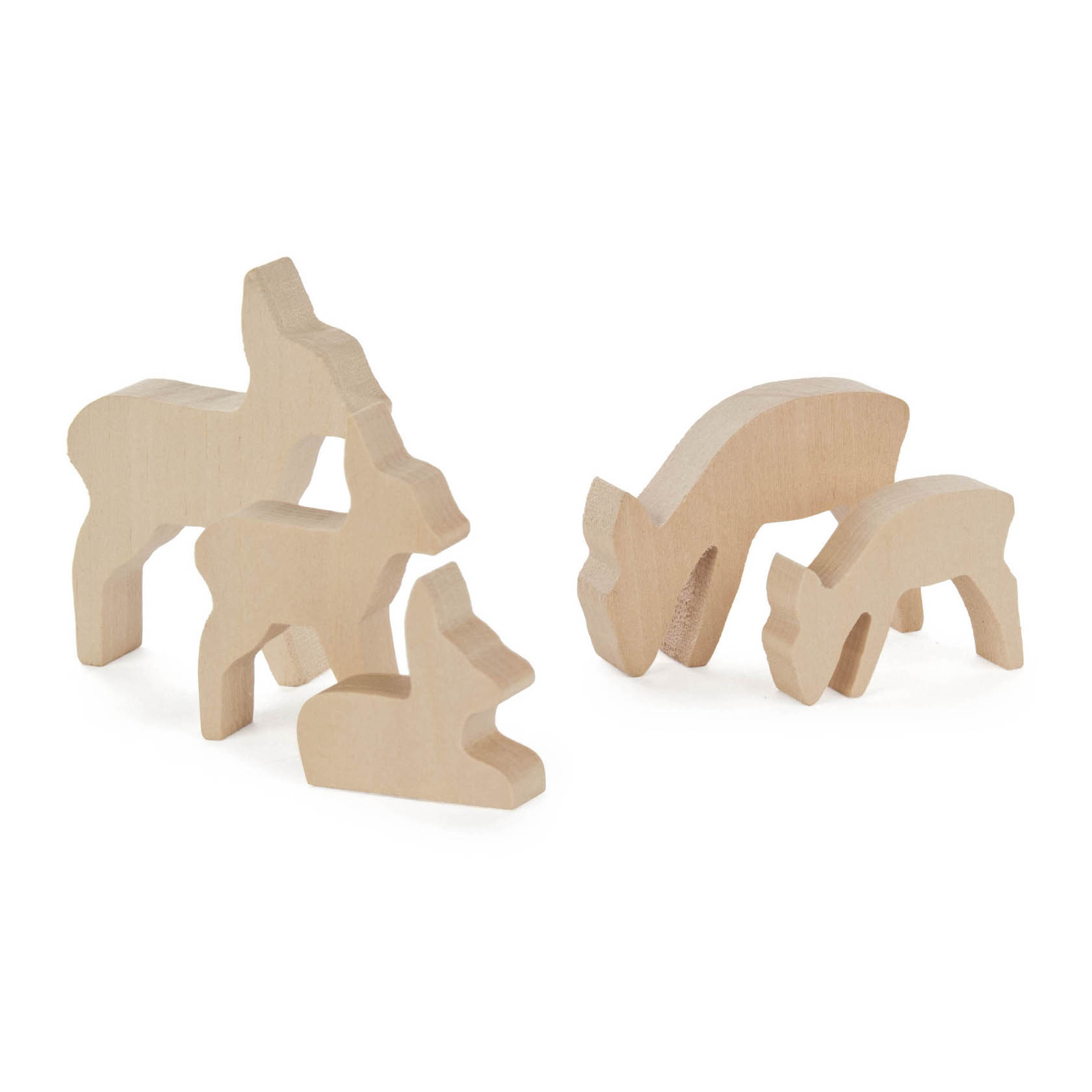 Fünf einfache, unfertige Holzschnitzrohlinge aus Linde in der Form von Rehen und Kitzen, die aufrecht stehen oder fressen. im Dregeno Online Shop günstig kaufen