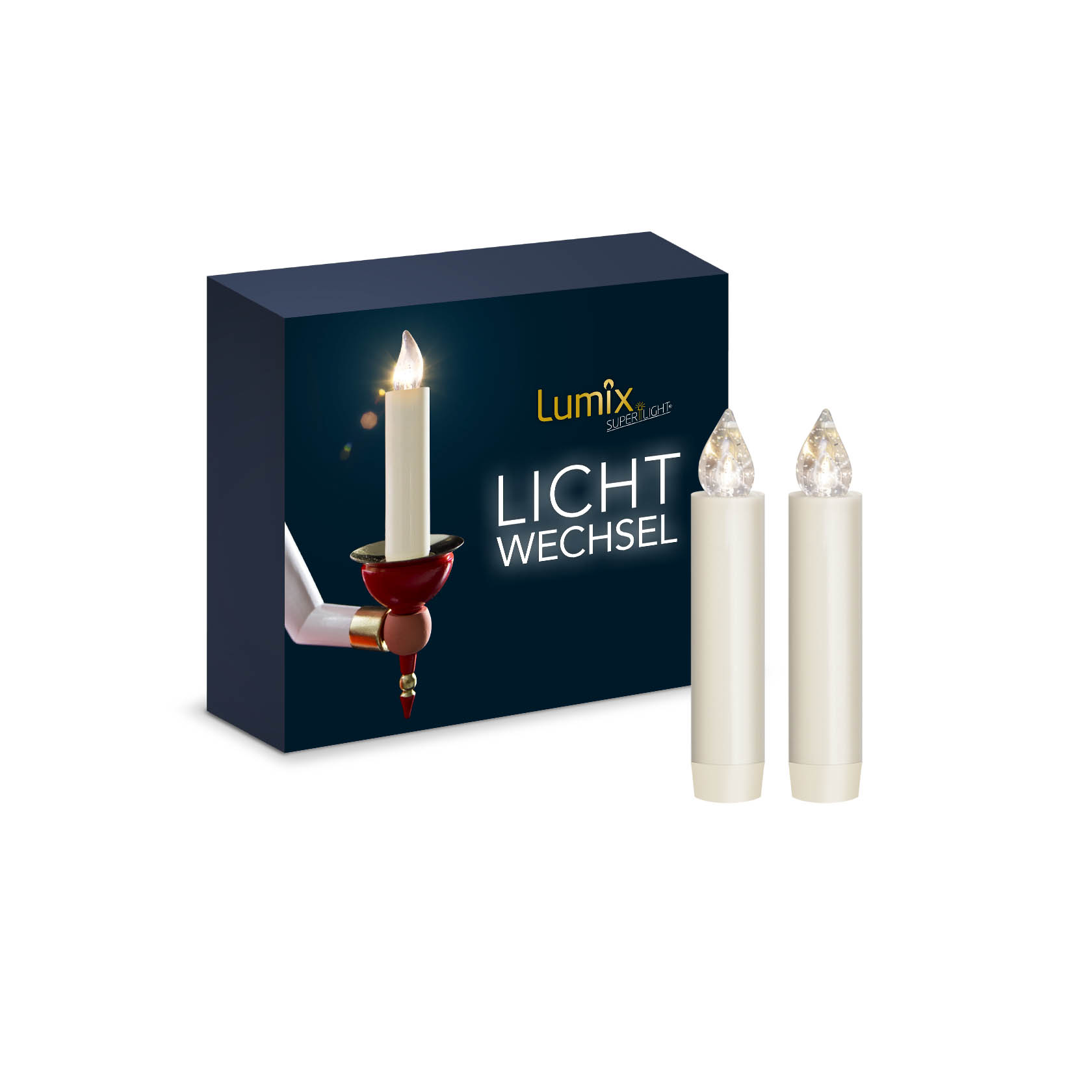 Verpackung eines LUMIX CLASSIC MINI S Erweiterungs-Sets mit zwei weißen LED-Kerzen mit transparentem Flammenaufsatz vor einer dunkelblauen Schachtel. im Dregeno Online Shop günstig kaufen