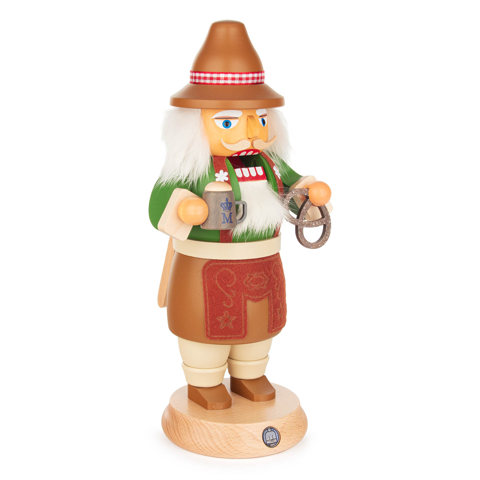 Ein traditioneller Rauchender Nussknacker in Form eines Bayers, trägt grüne Tracht, braunen Hut, hält Bierkrug und Brezel in den Händen, 26cm groß.
