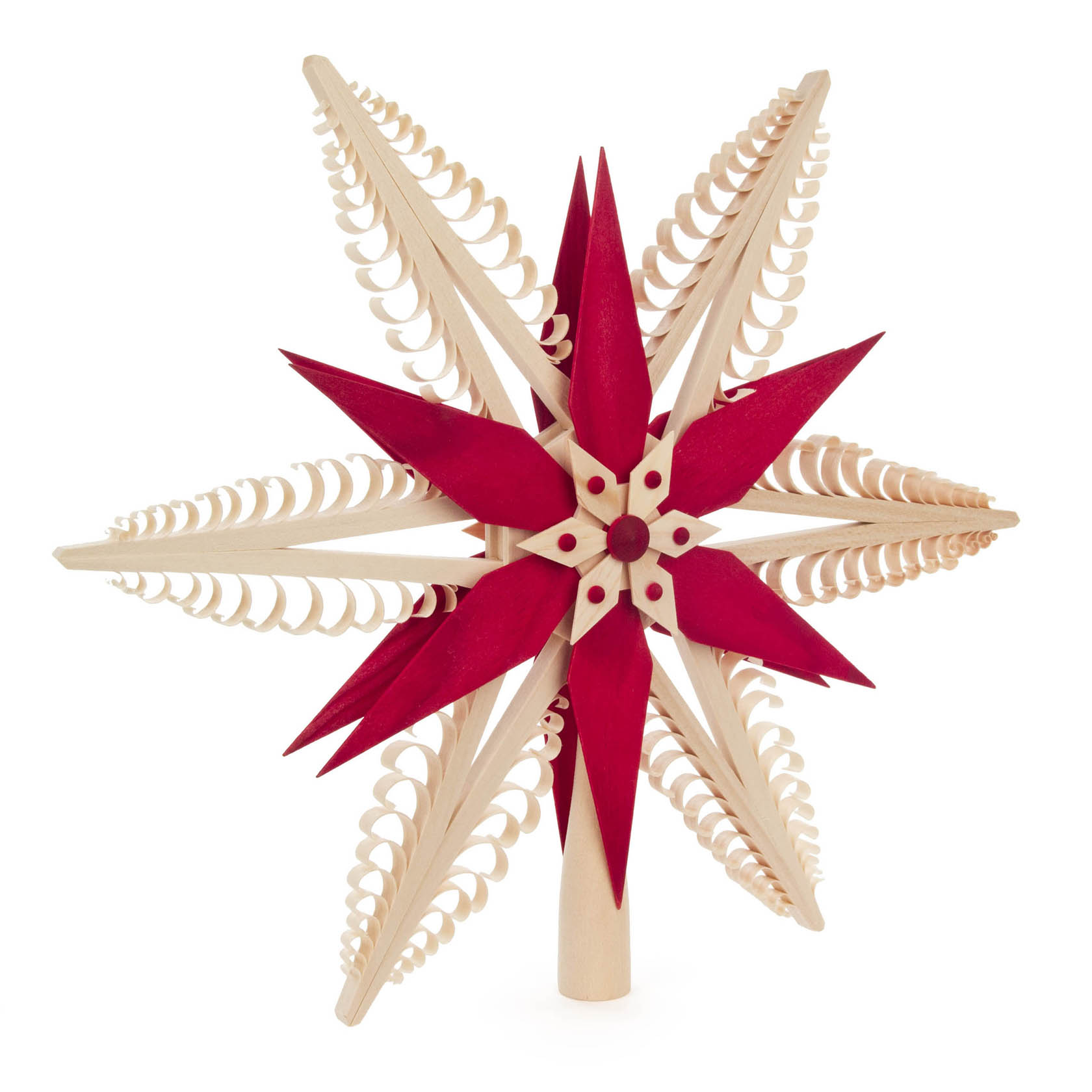 A red and natural-colored German Spanstern tree topper with a diameter of 31 cm featuring intricate spiral wood designs.