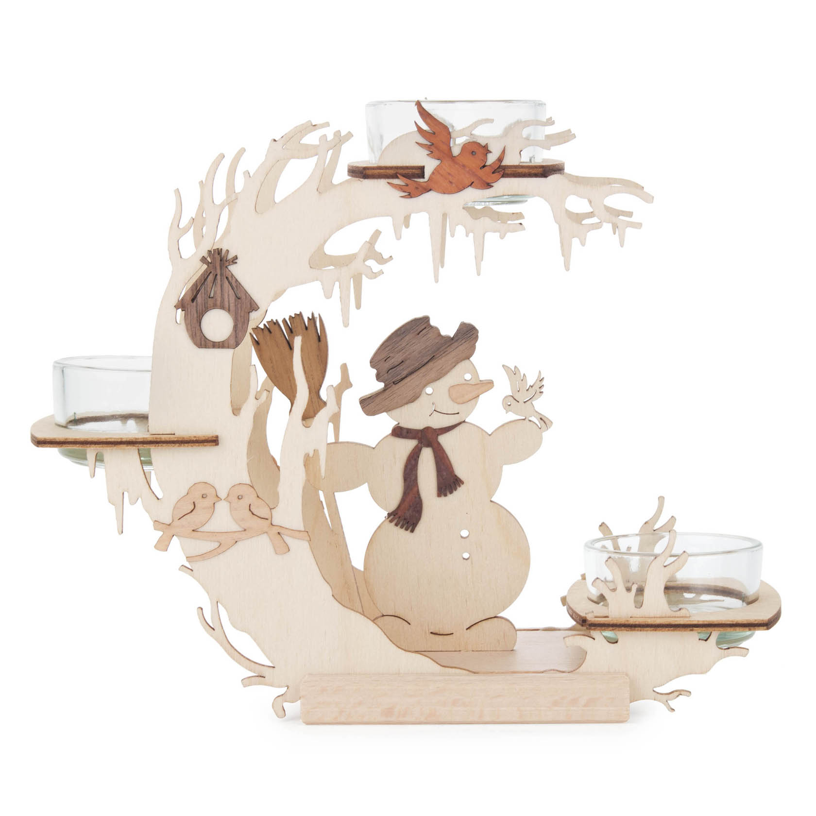 Holz-Teelichthalter in Form eines Schneemanns unter einem Baum mit drei Vögeln und zwei Teelichtgläsern oben und unten. im Dregeno Online Shop günstig kaufen