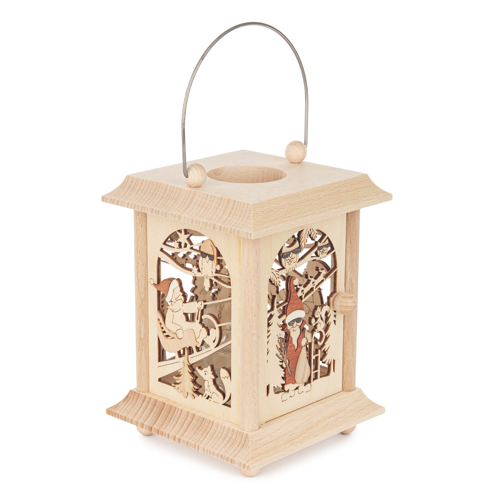 Holz-Tischlaterne mit geschnitzten Nikolaus-Motiven an den Seiten und einem Metallgriff oben. im Dregeno Online Shop günstig kaufen