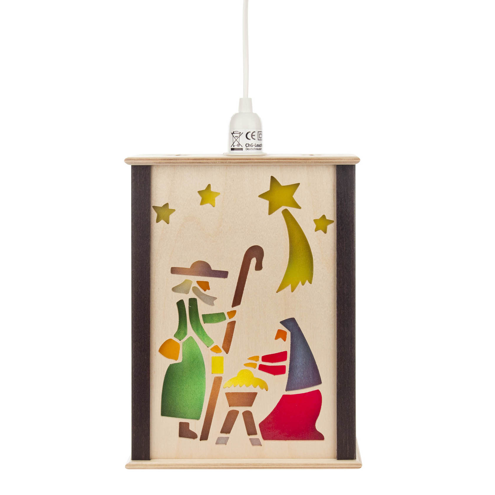Kleine Fensterlaterne aus Holz mit der Darstellung der Geburt Christi. Maria, Josef und das Jesuskind in einer Krippe, Stern und Komet oben. im Dregeno Online Shop günstig kaufen