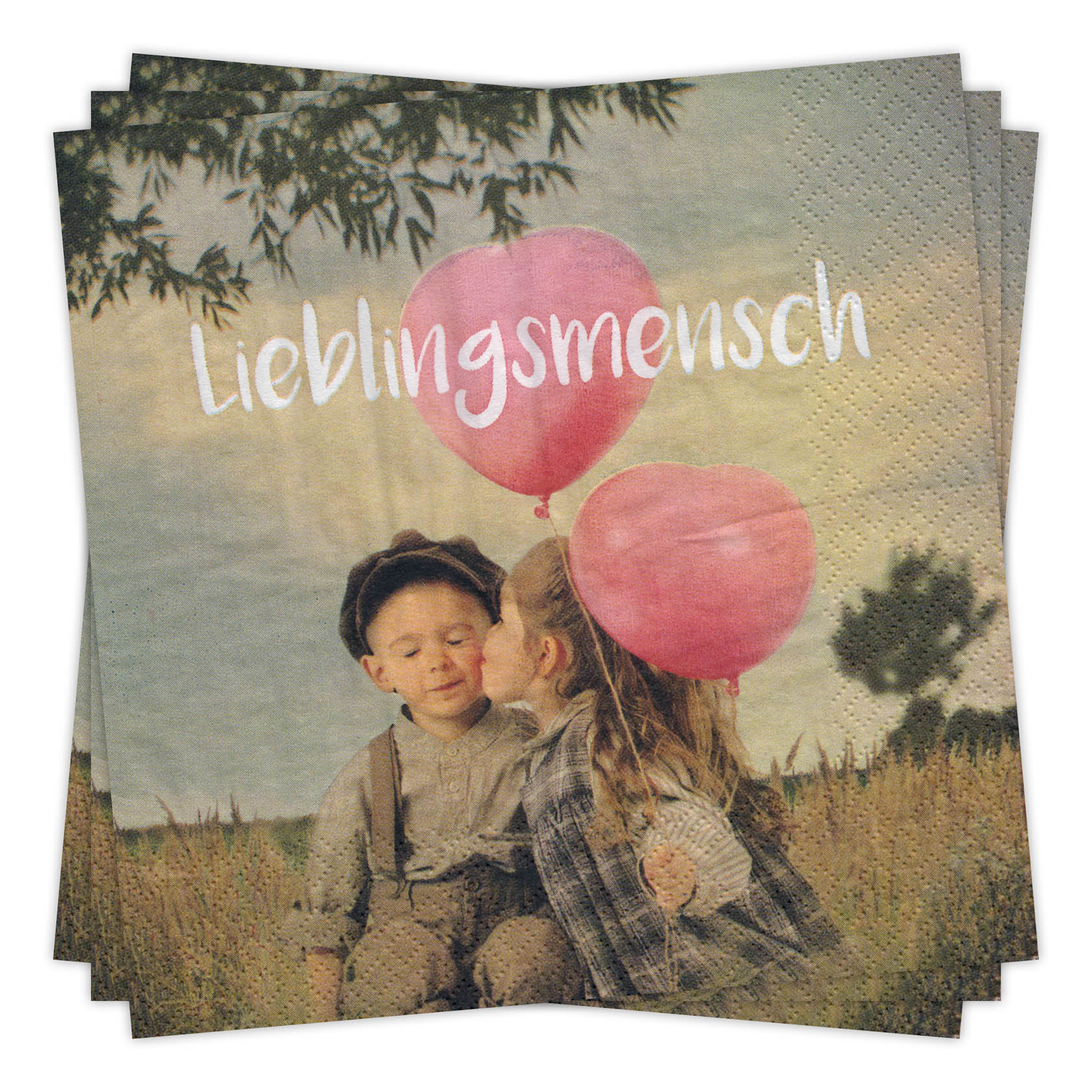 Ein kleines Mädchen gibt einem kleinen Jungen auf einer Wiese einen Kuss auf die Wange. Über ihnen schwebt ein pinker Luftballon, darauf steht 'Lieblingsmensch'. im Dregeno Online Shop günstig kaufen