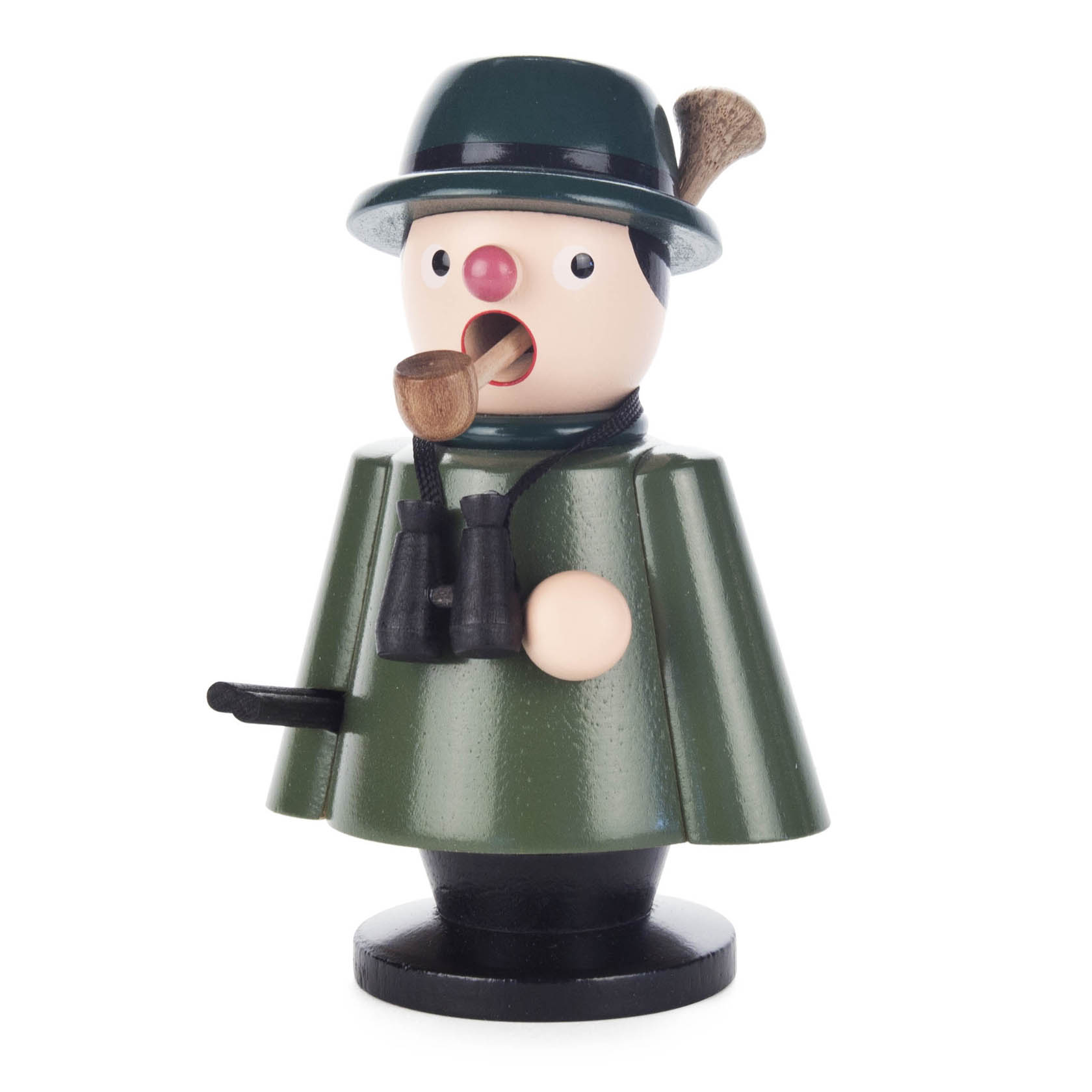 Ein grüner Räuchermann in Gestalt eines Försters mit Fernglas, Pfeife und braunem Hut. Er hat ein lächelndes Gesicht und runde rote Nase. im Dregeno Online Shop günstig kaufen